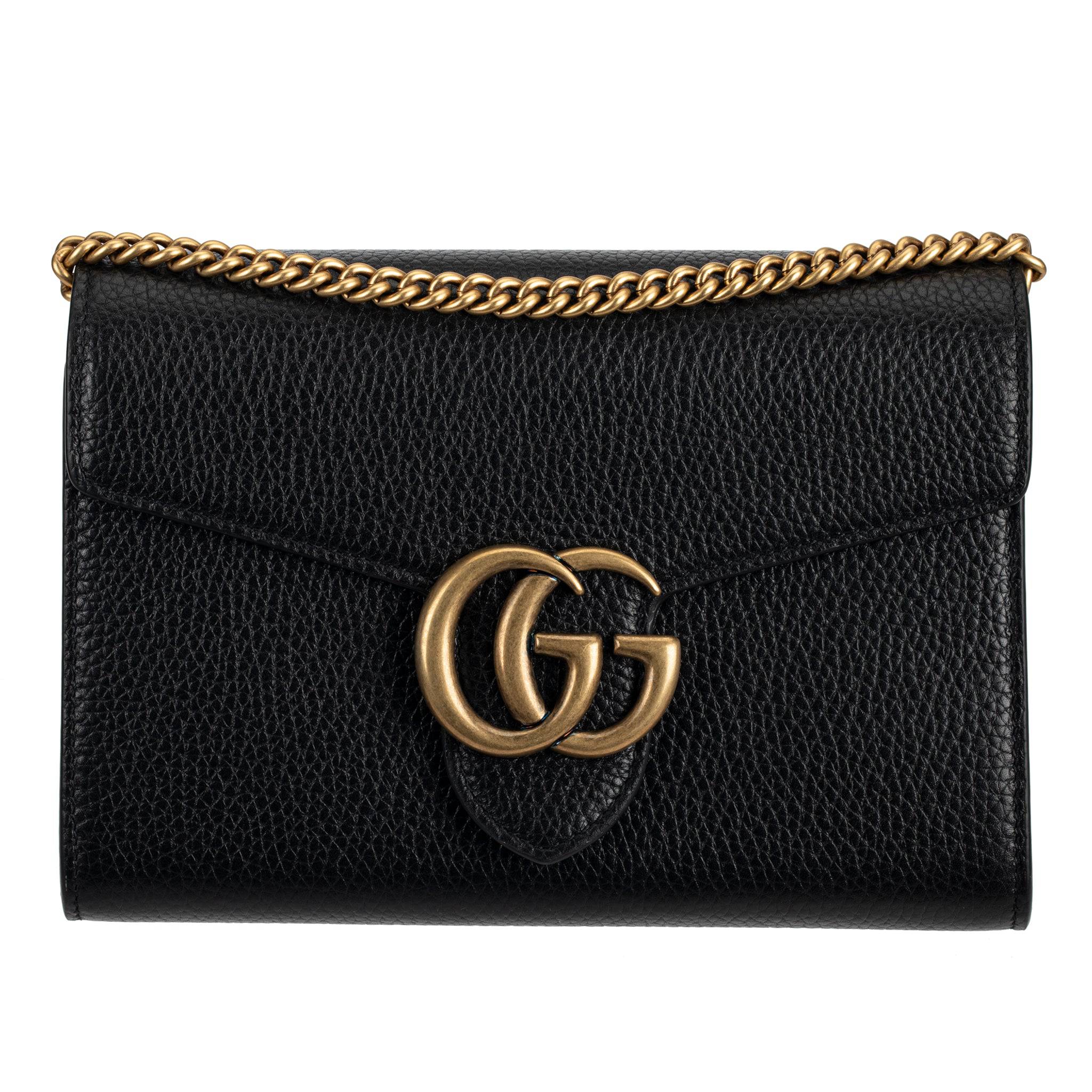 GUCCI MARMONT WALLET ON CHAIN BLACK PEBBLED LEATHER AGED GOLD HARDWARE - On Repeat