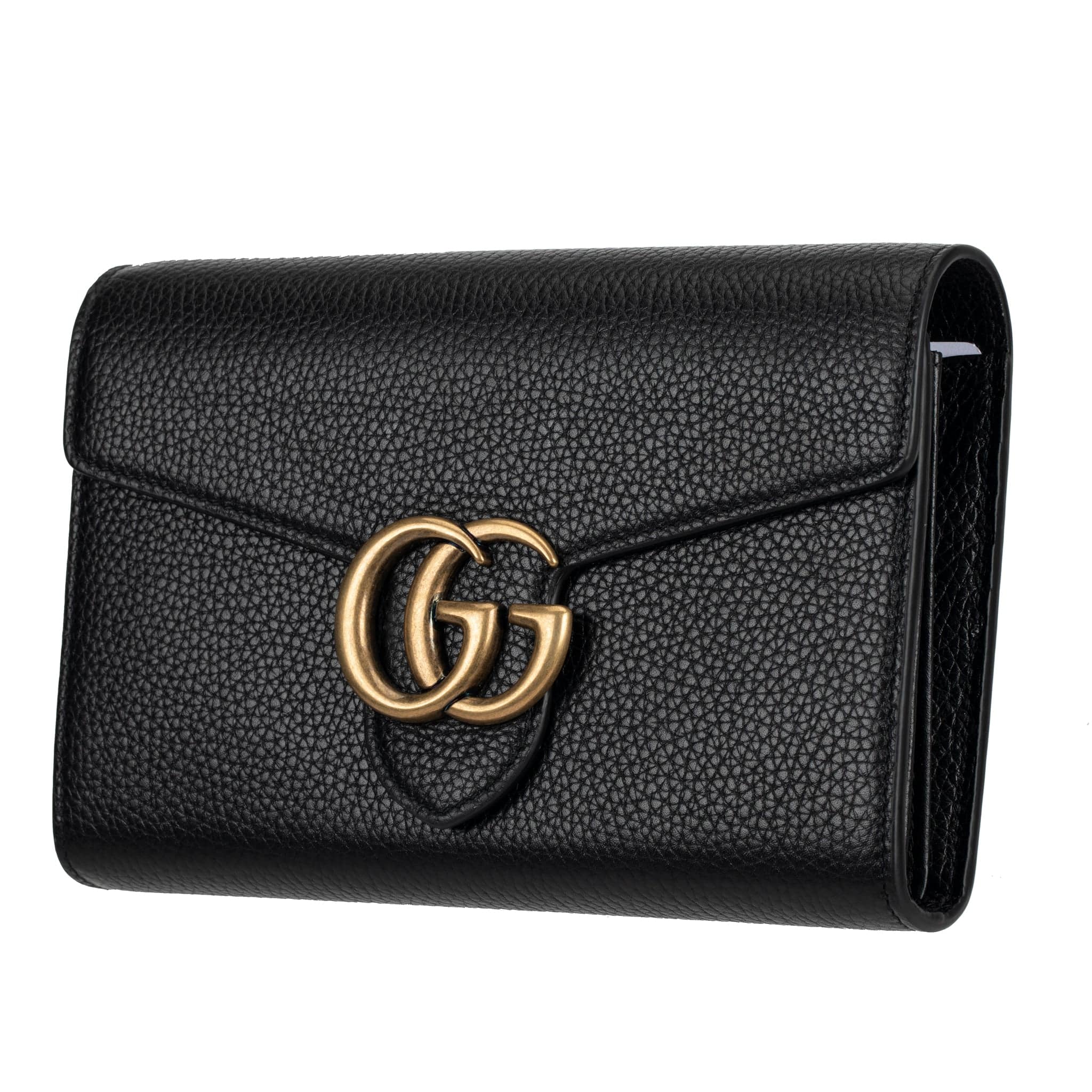 GUCCI MARMONT WALLET ON CHAIN BLACK PEBBLED LEATHER AGED GOLD HARDWARE - On Repeat