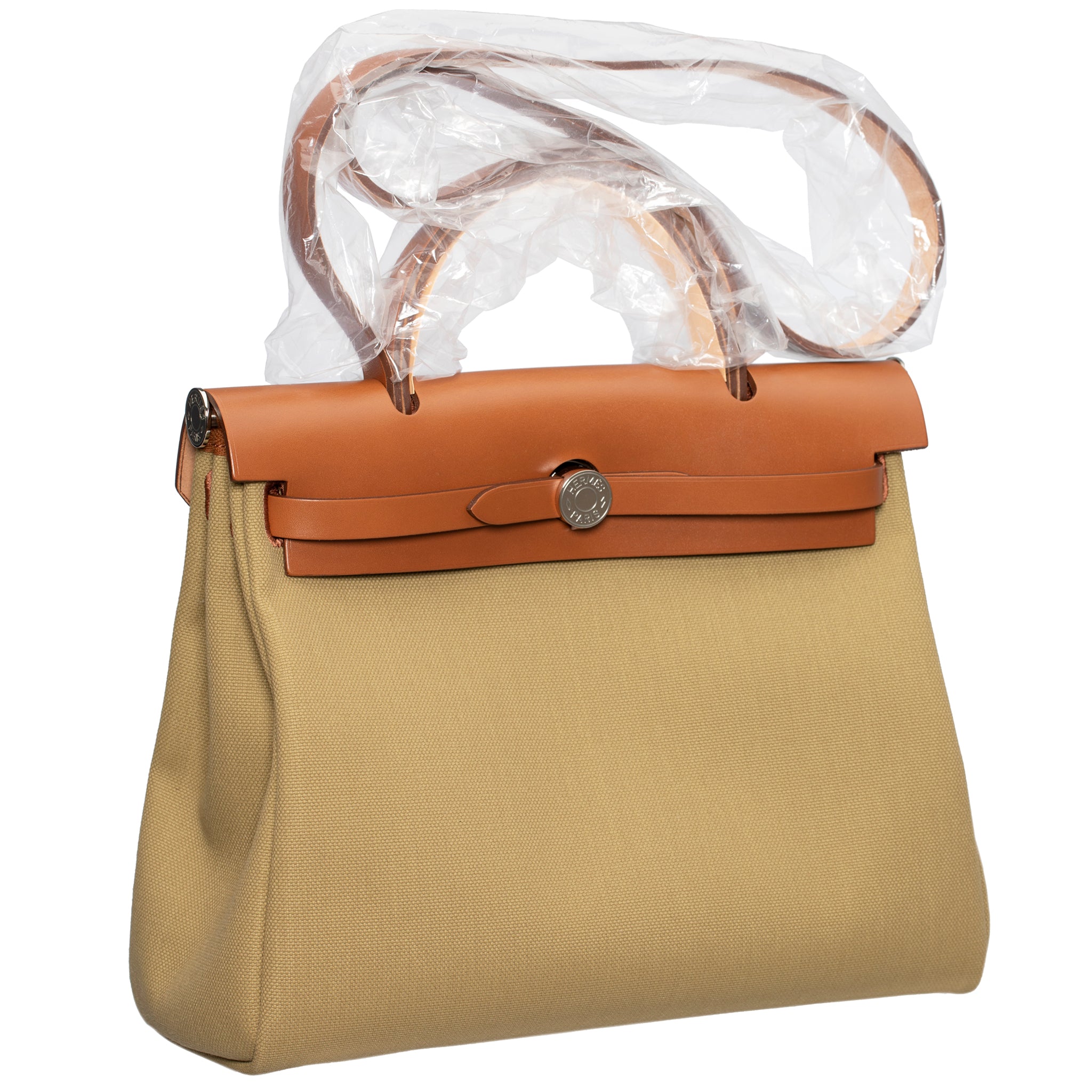 HERMES HERBAG 31CM POUSSIERE & FAUVE TOILE & HUNTER VACHE LEATHER PALLADIUM HARDWARE - On Repeat