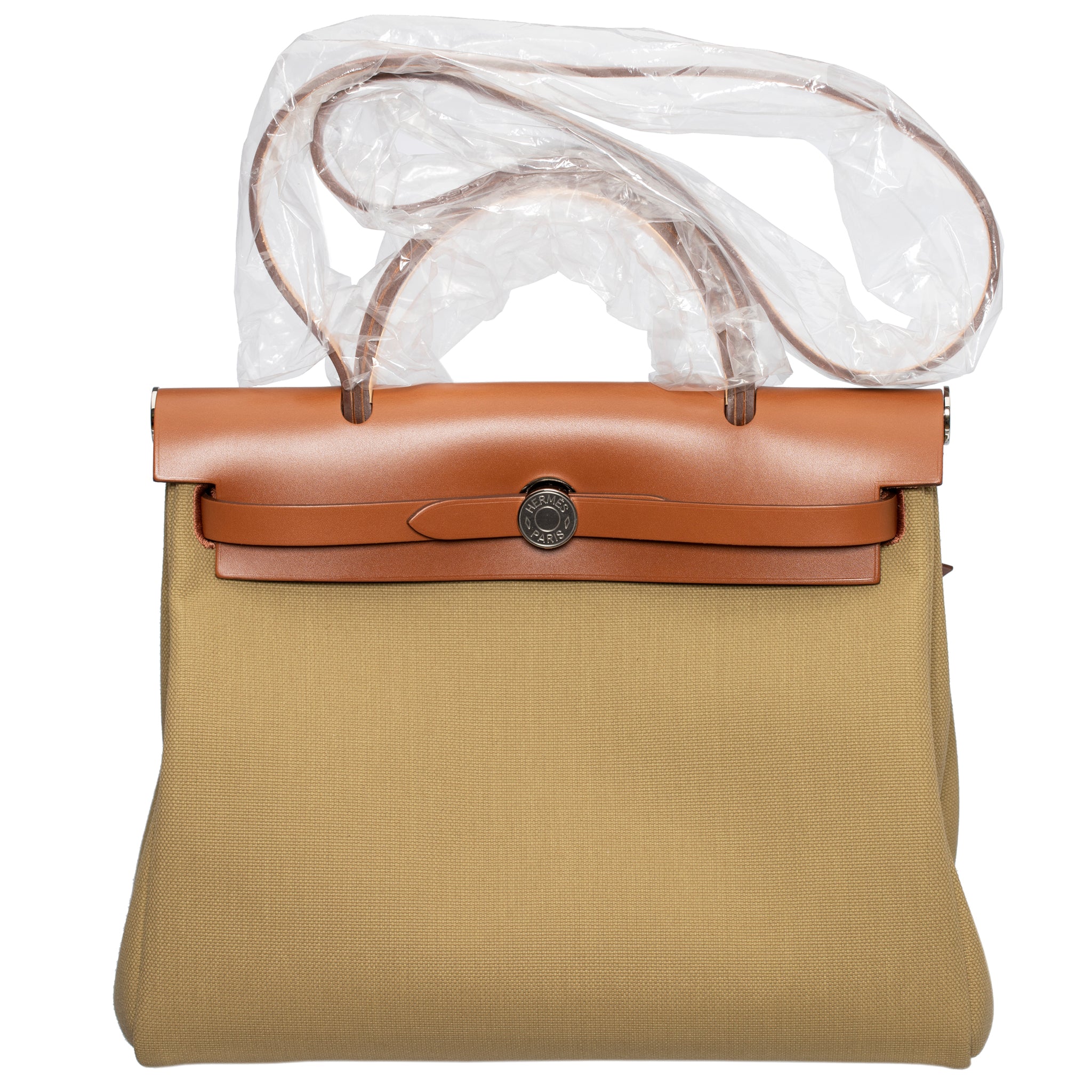 HERMES HERBAG 31CM POUSSIERE & FAUVE TOILE & HUNTER VACHE LEATHER PALLADIUM HARDWARE - On Repeat