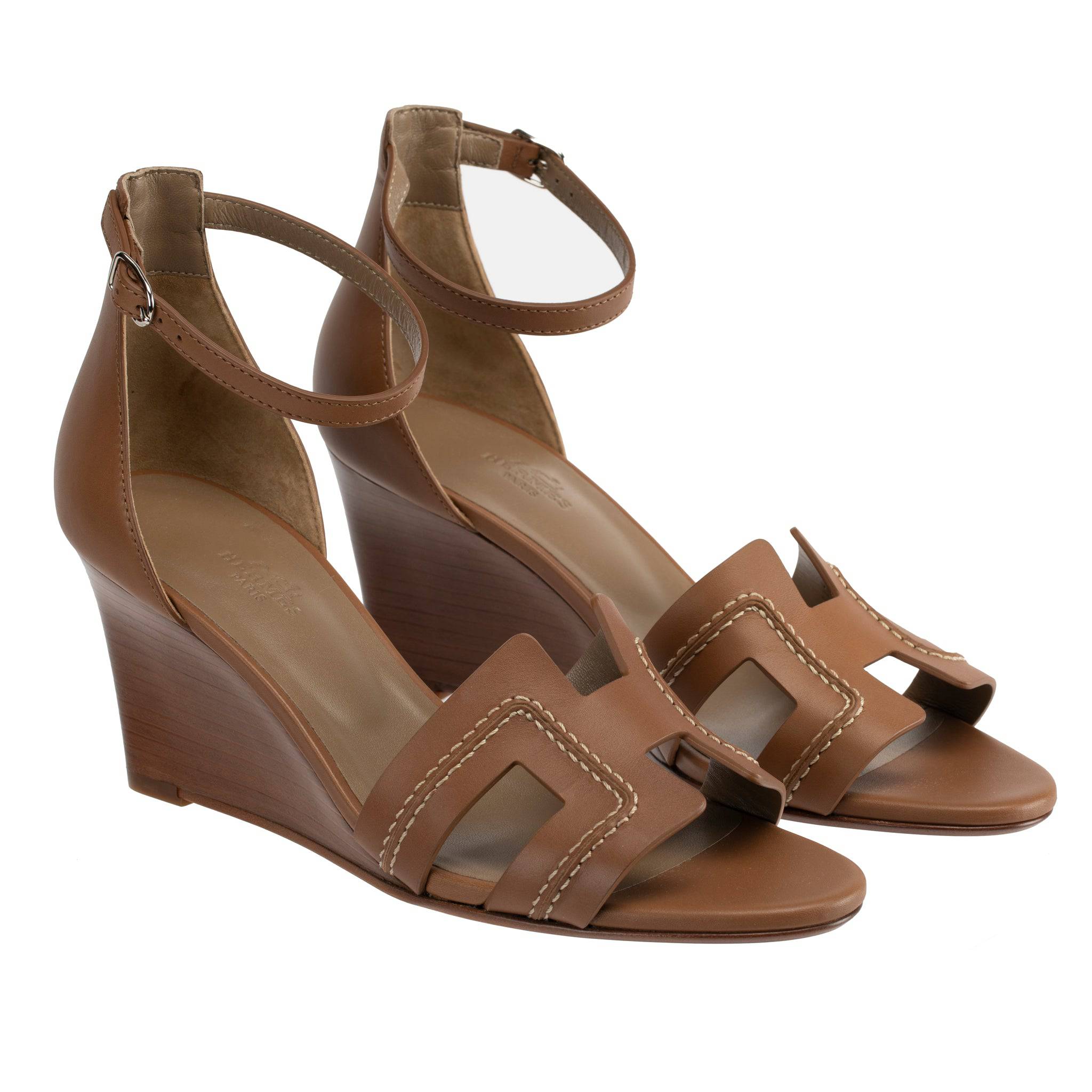 HERMES LEGEND WEDGE SANDAL GOLD SMOOTH LEATHER WITH CONTRACT STITCH 39 FR - On Repeat