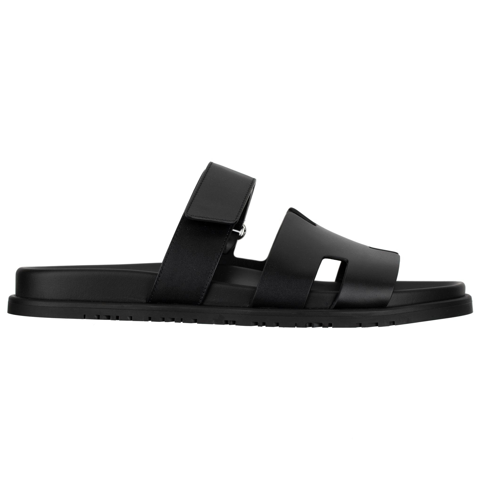 HERMES CHYPRE SANDAL BLACK SMOOTH LEATHER PALLADIUM HARDWARE 45 FR - On Repeat