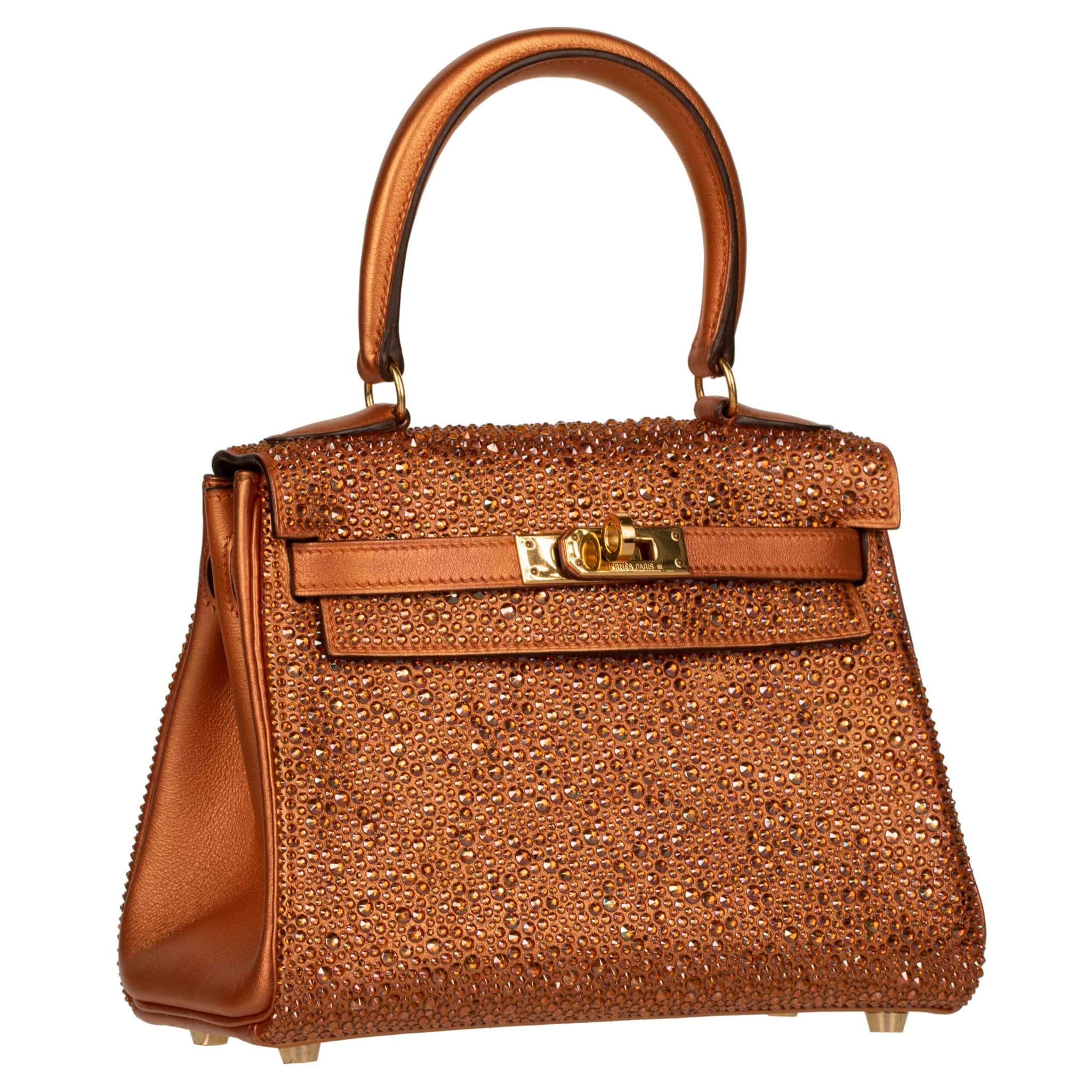 HERMES VINTAGE KELLY 20CM - REIMAGINED - METALLIC COPPER & SWAROVSKI CRYSTALS GOLD HARDWARE - On Repeat