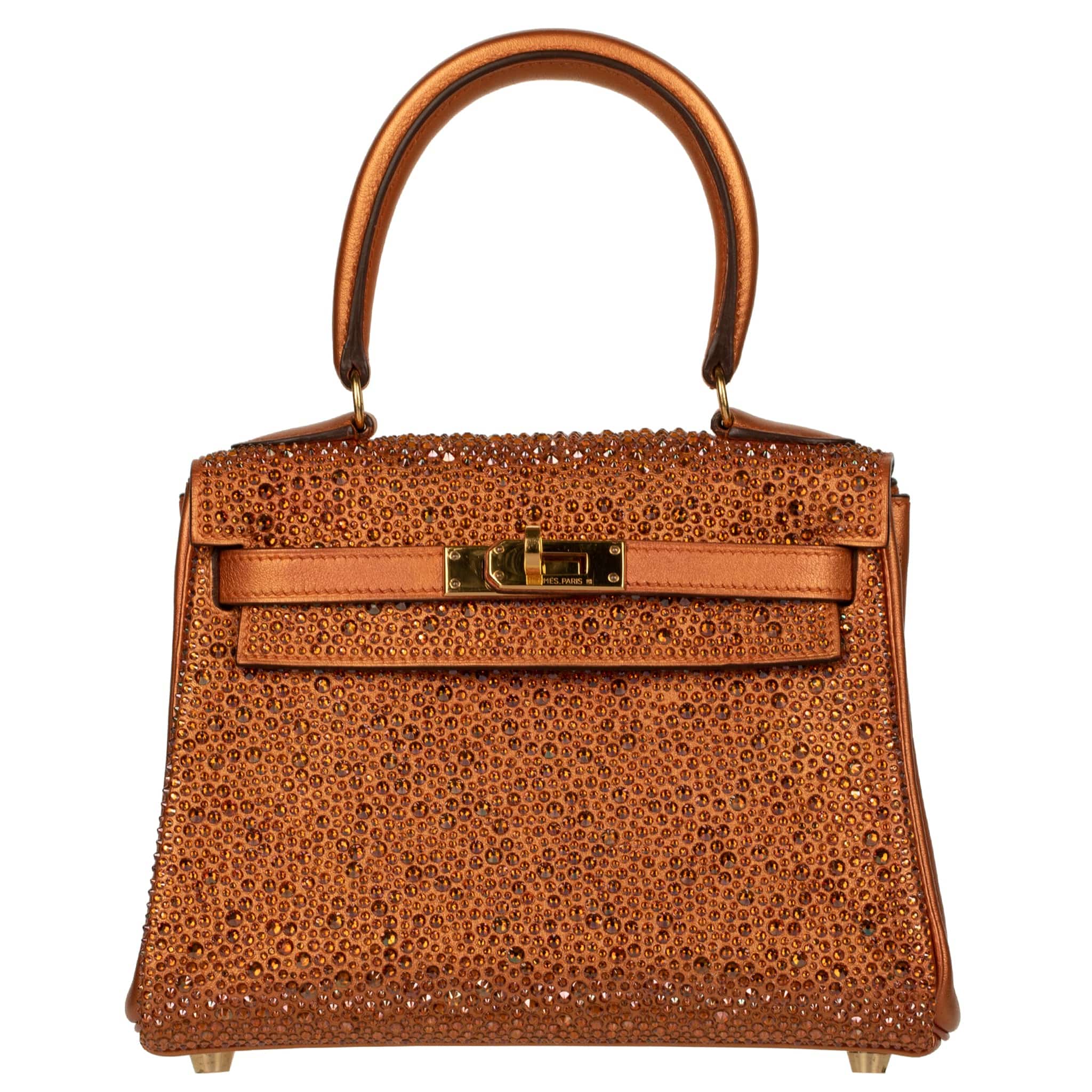 HERMES VINTAGE KELLY 20CM - REIMAGINED - METALLIC COPPER & SWAROVSKI CRYSTALS GOLD HARDWARE - On Repeat