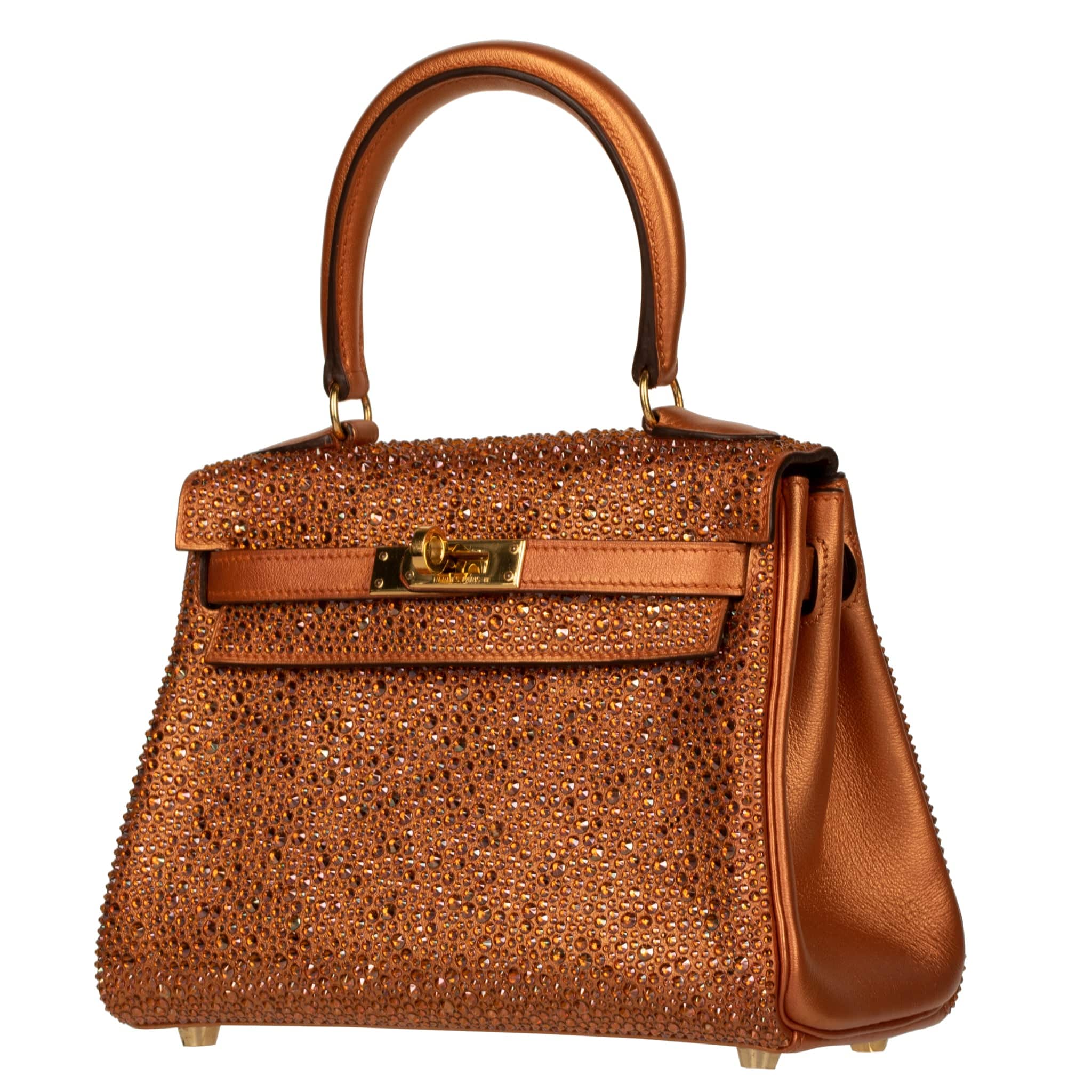 HERMES VINTAGE KELLY 20CM - REIMAGINED - METALLIC COPPER & SWAROVSKI CRYSTALS GOLD HARDWARE - On Repeat