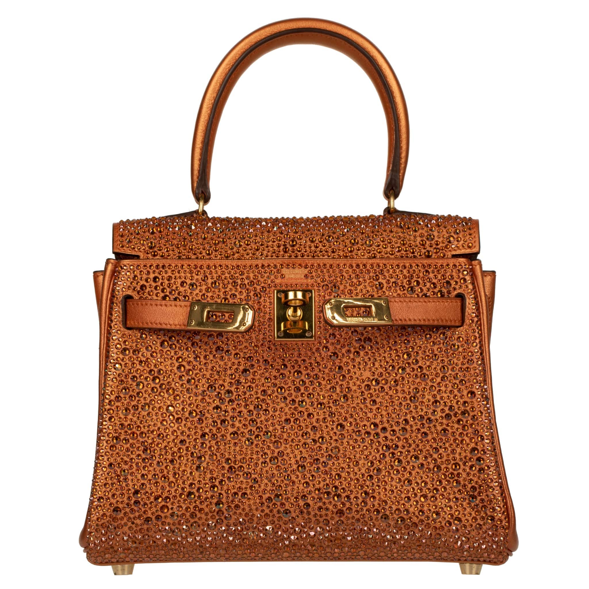 HERMES VINTAGE KELLY 20CM - REIMAGINED - METALLIC COPPER & SWAROVSKI CRYSTALS GOLD HARDWARE - On Repeat