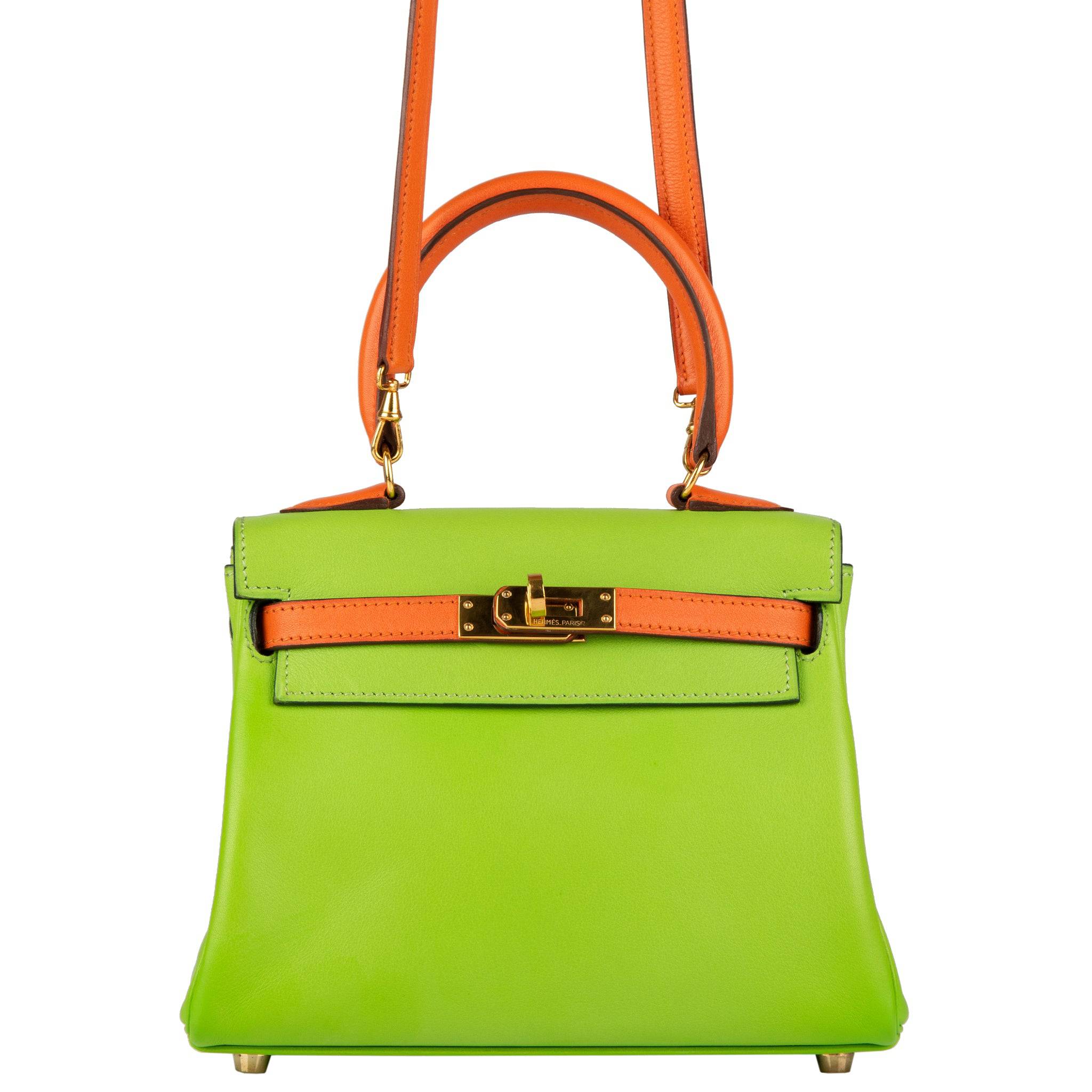 HERMES VINTAGE KELLY 20CM VERT CRU & ORANGE GULLIVER LEATHER GOLD HARDWARE - On Repeat