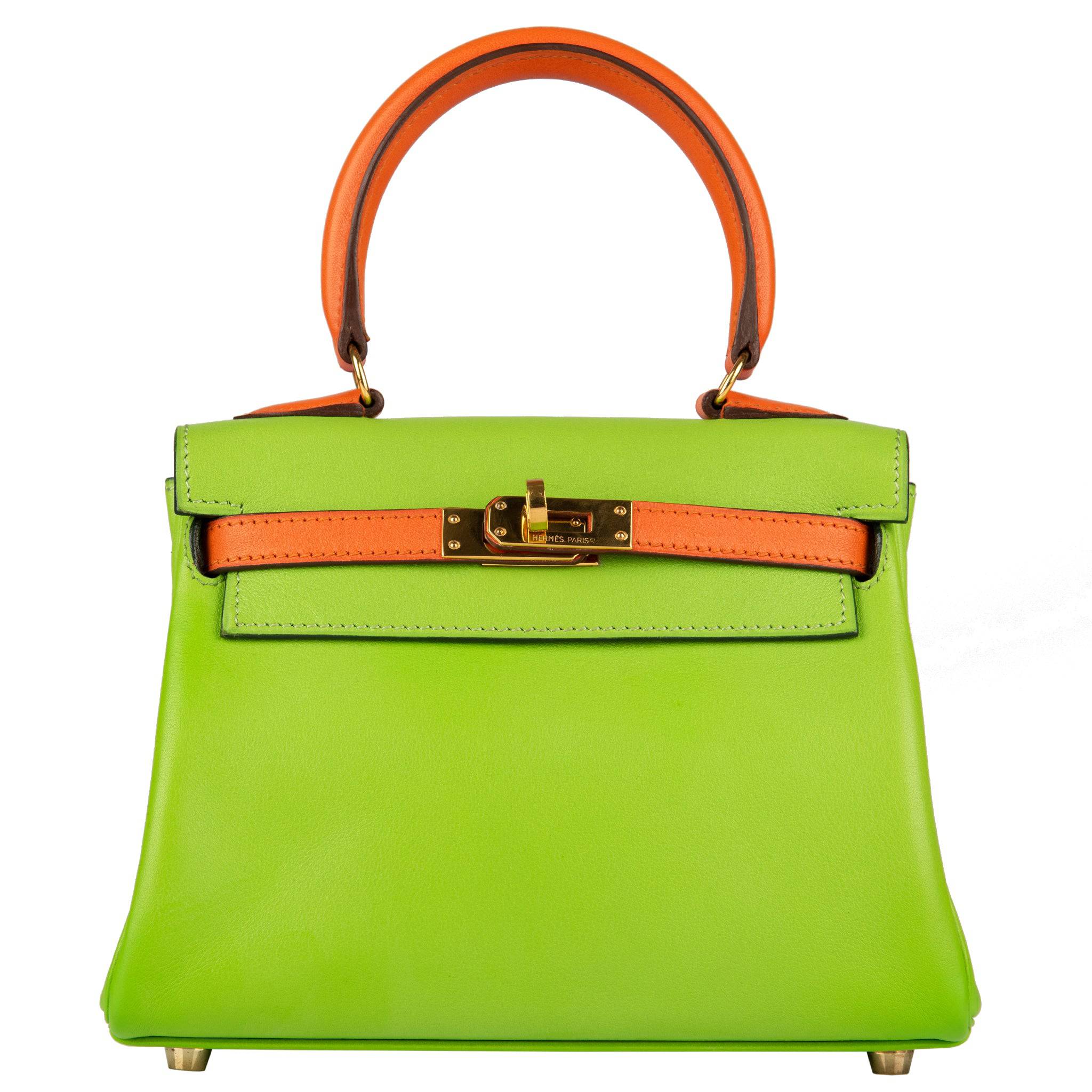 HERMES VINTAGE KELLY 20CM VERT CRU & ORANGE GULLIVER LEATHER GOLD HARDWARE - On Repeat