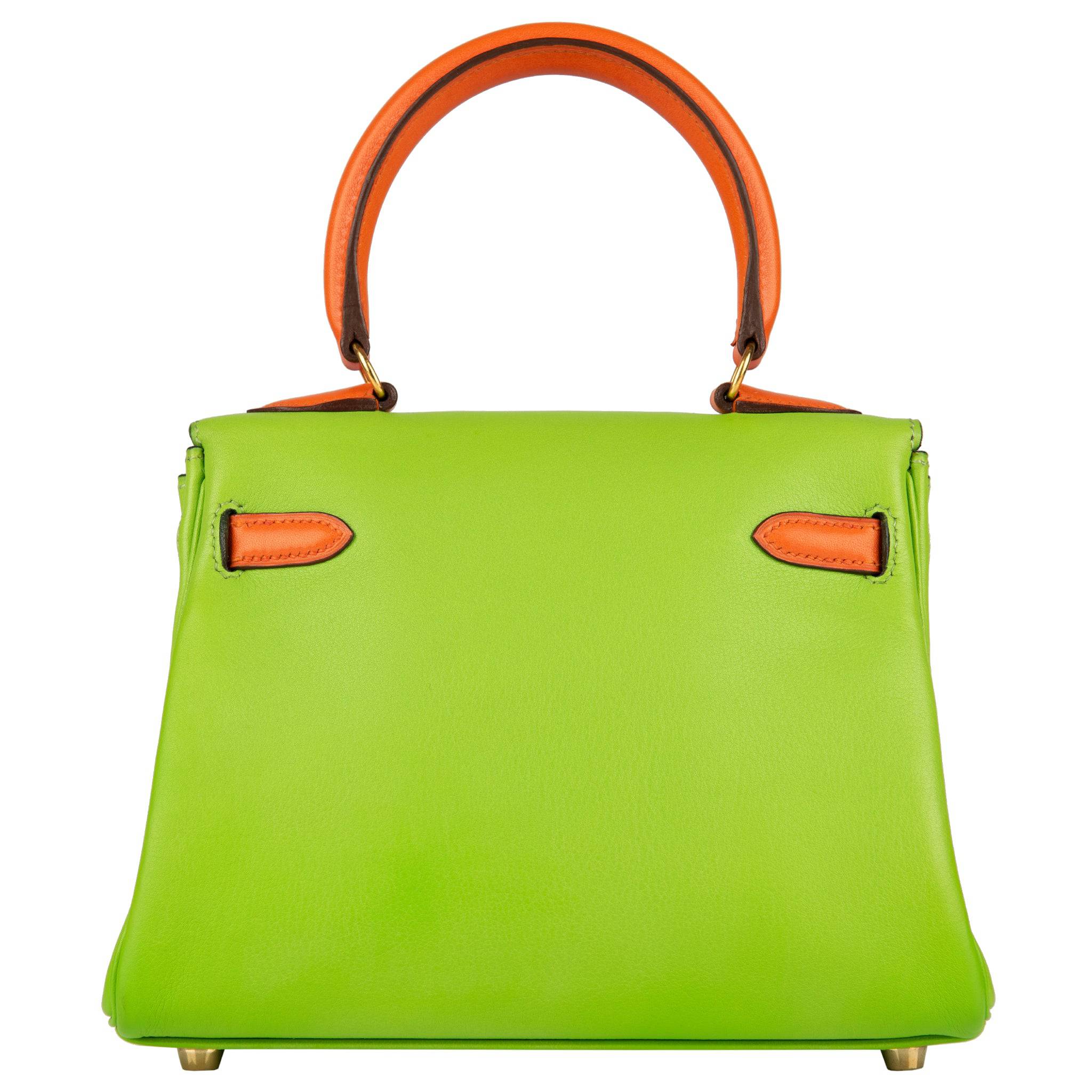 HERMES VINTAGE KELLY 20CM VERT CRU & ORANGE GULLIVER LEATHER GOLD HARDWARE - On Repeat