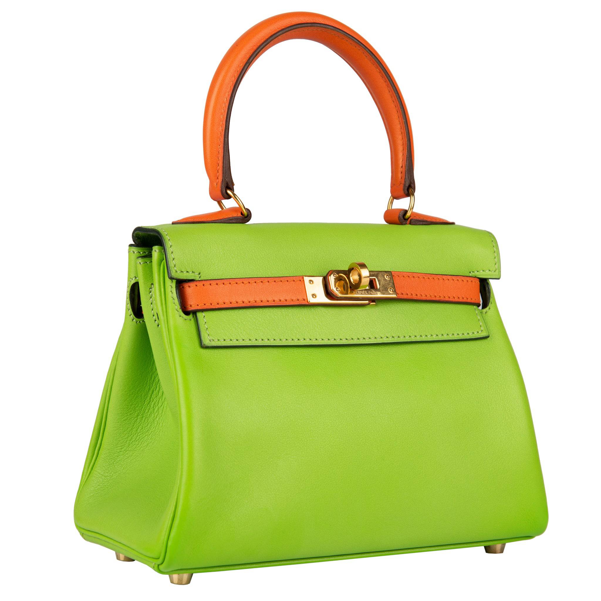 HERMES VINTAGE KELLY 20CM VERT CRU & ORANGE GULLIVER LEATHER GOLD HARDWARE - On Repeat