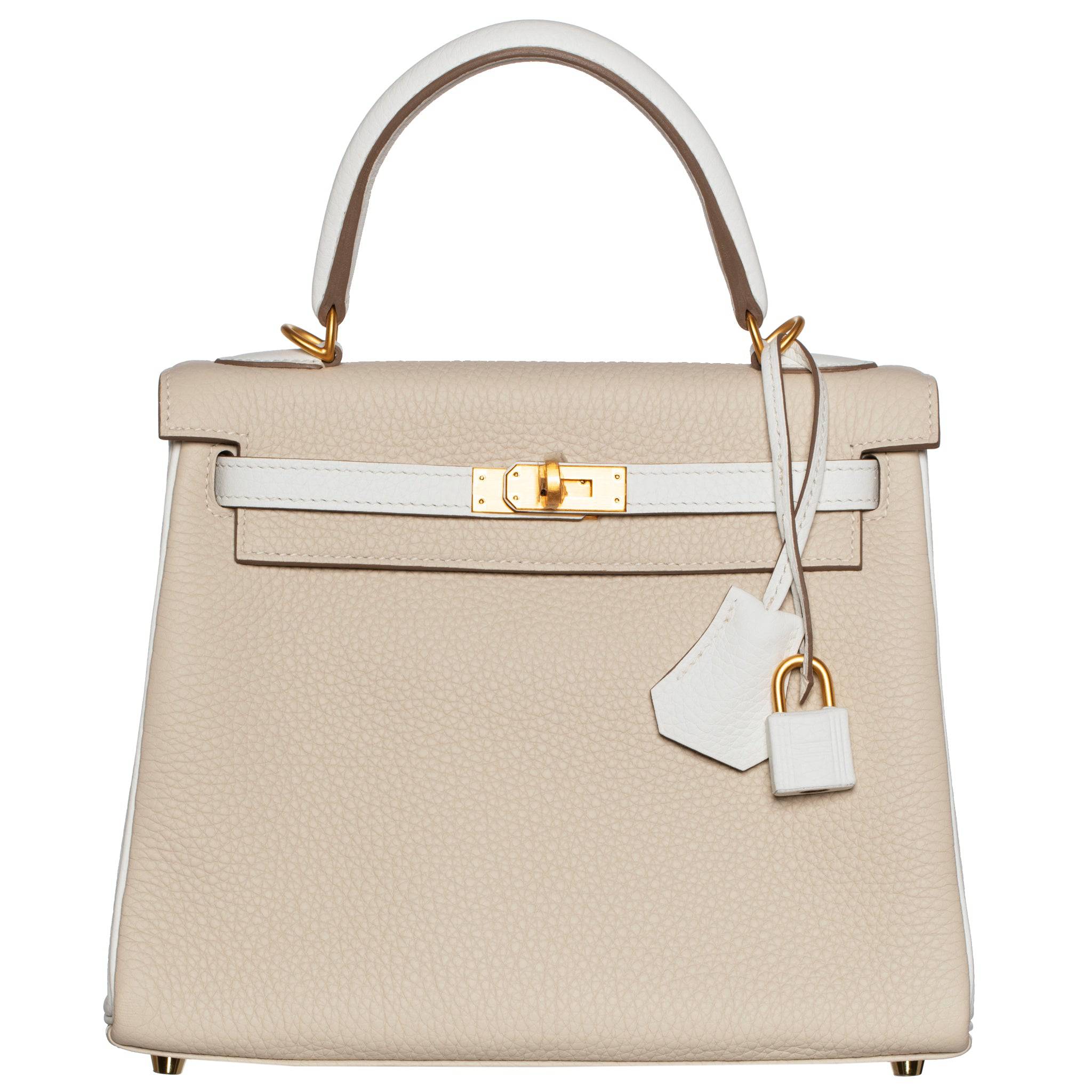 HERMES KELLY 25CM SPECIAL ORDER WHITE & CRAIE CLEMENCE LEATHER BRUSHED GOLD HARDWARE - On Repeat