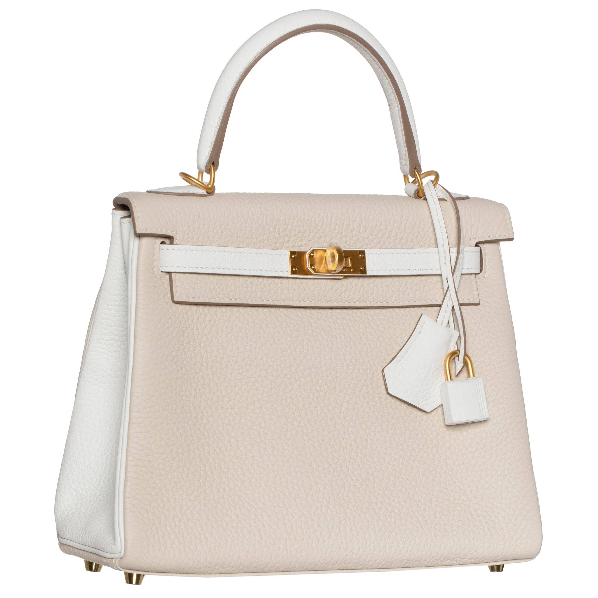 HERMES KELLY 25CM SPECIAL ORDER WHITE & CRAIE CLEMENCE LEATHER BRUSHED GOLD HARDWARE - On Repeat
