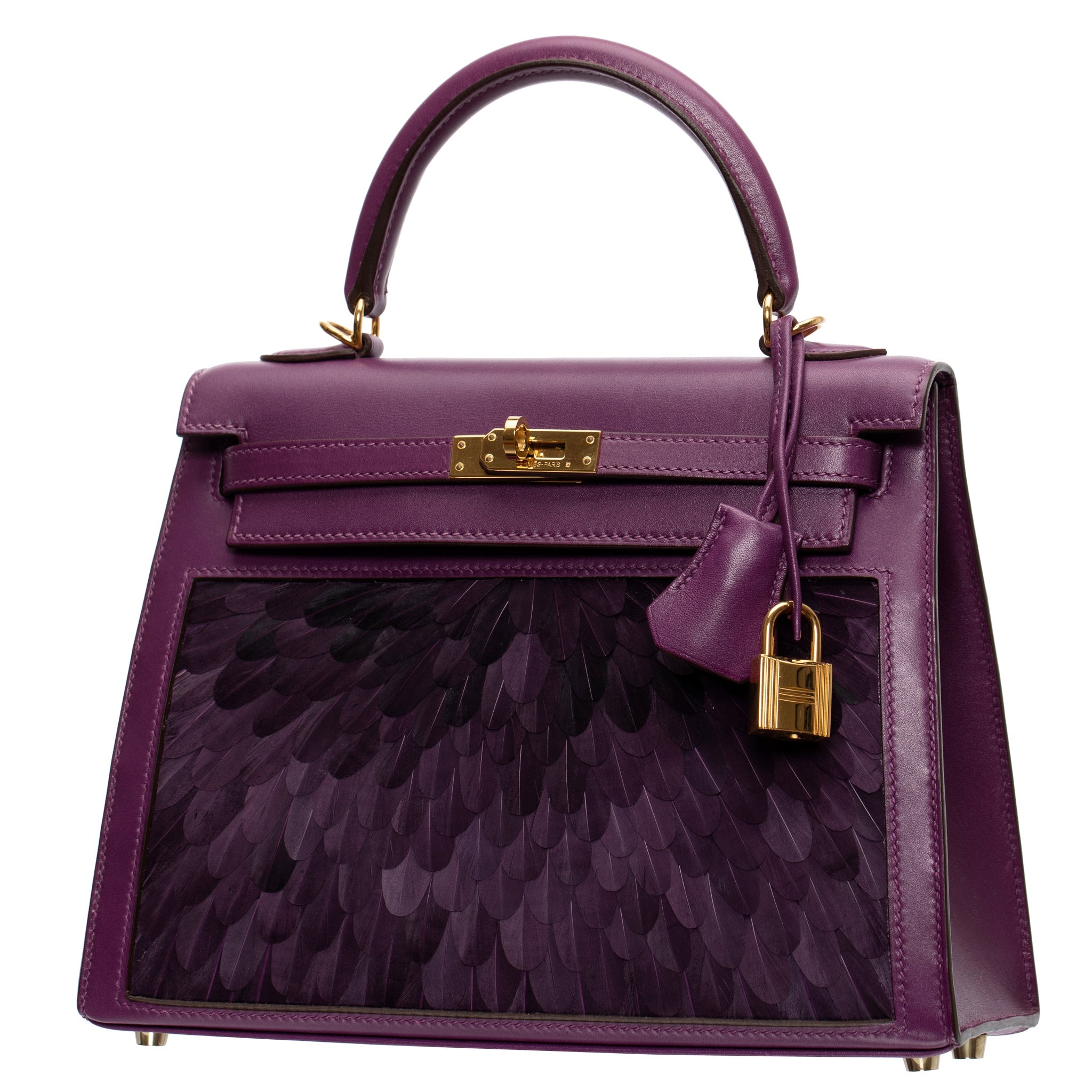 HERMES KELLY 25CM SELLIER VIOLET CUSTOM FEATHER TADELAKT LEATHER GOLD HARDWARE - On Repeat