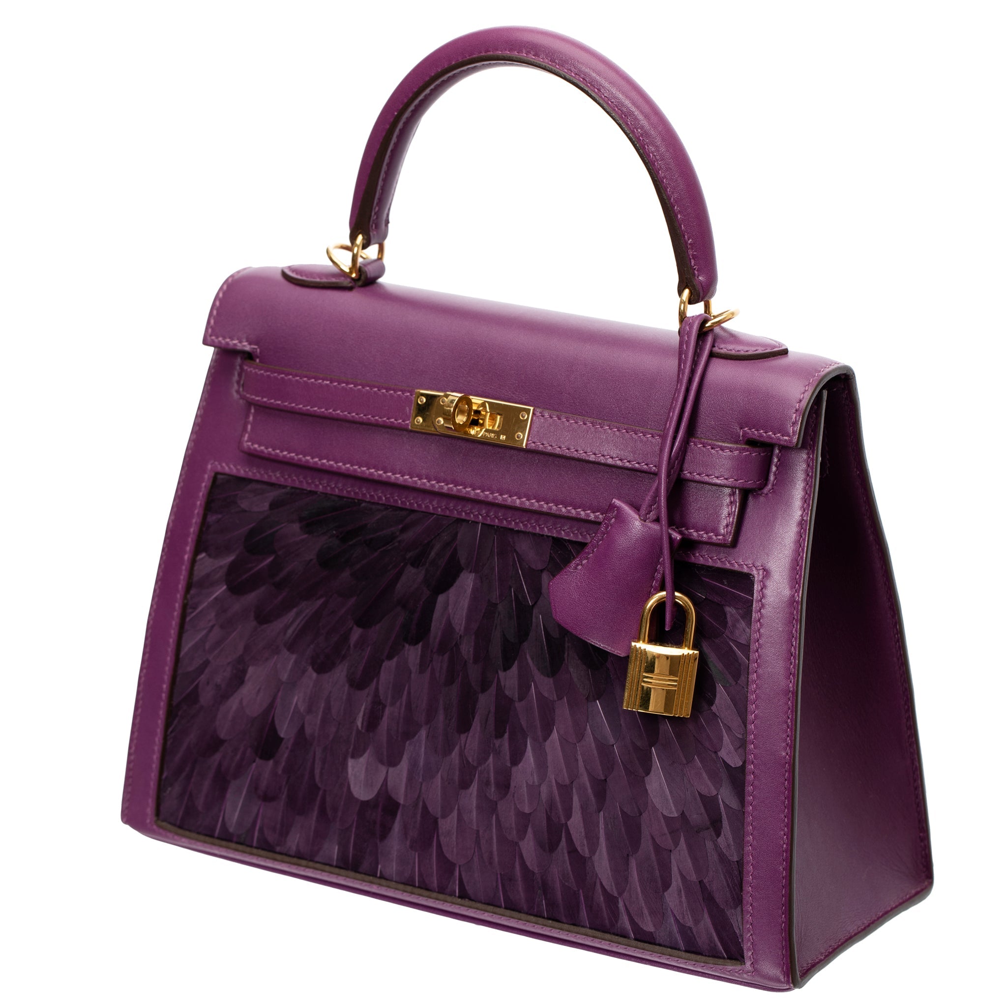 HERMES KELLY 25CM SELLIER VIOLET CUSTOM FEATHER TADELAKT LEATHER GOLD HARDWARE - On Repeat