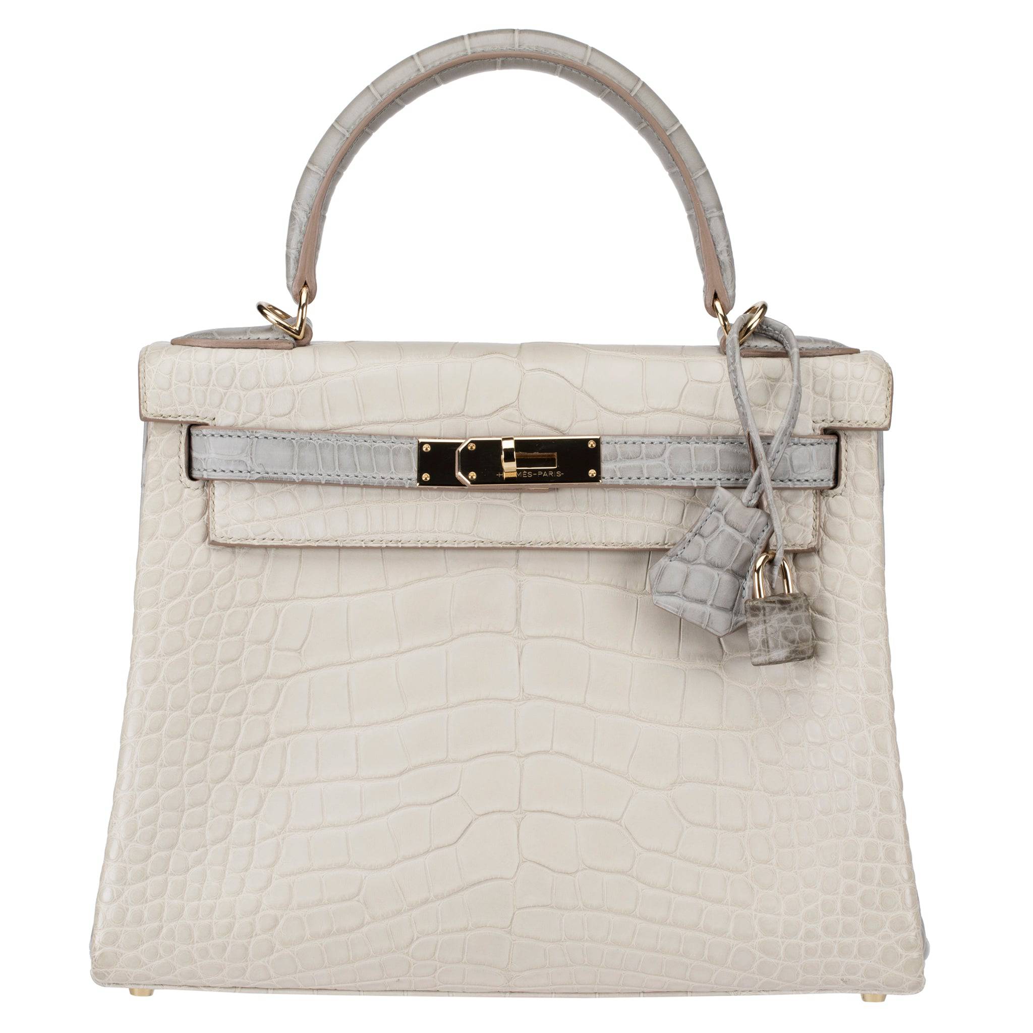 HERMES KELLY 28CM SPECIAL ORDER BETON & GRIS PERLE MATTE ALLIGATOR PERMABRASS HARDWARE - On Repeat