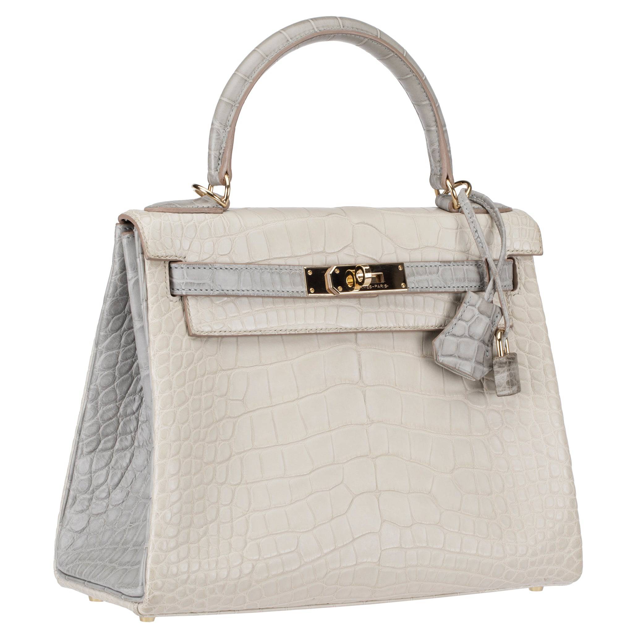 HERMES KELLY 28CM SPECIAL ORDER BETON & GRIS PERLE MATTE ALLIGATOR PERMABRASS HARDWARE - On Repeat