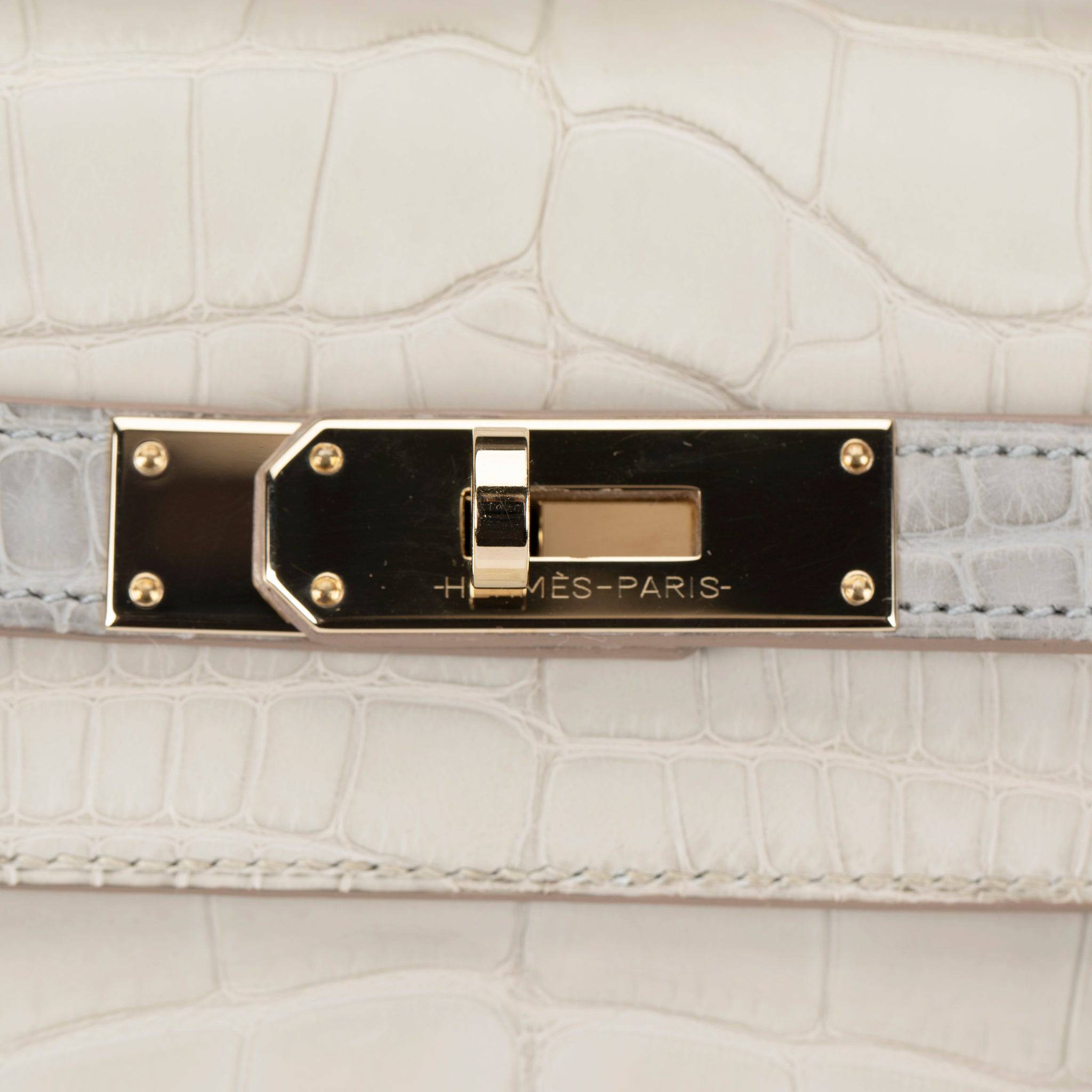 HERMES KELLY 28CM SPECIAL ORDER BETON & GRIS PERLE MATTE ALLIGATOR PERMABRASS HARDWARE - On Repeat