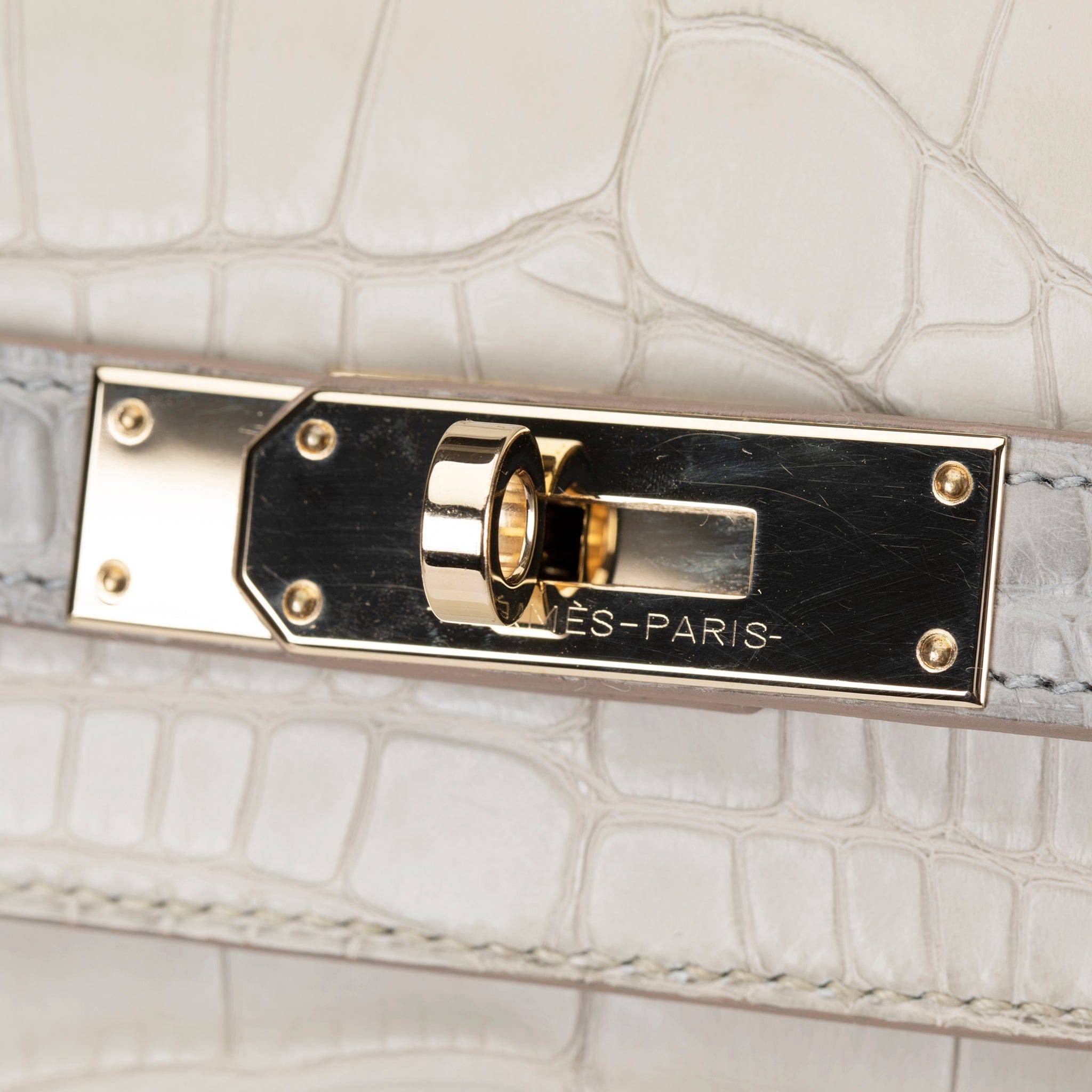 HERMES KELLY 28CM SPECIAL ORDER BETON & GRIS PERLE MATTE ALLIGATOR PERMABRASS HARDWARE - On Repeat