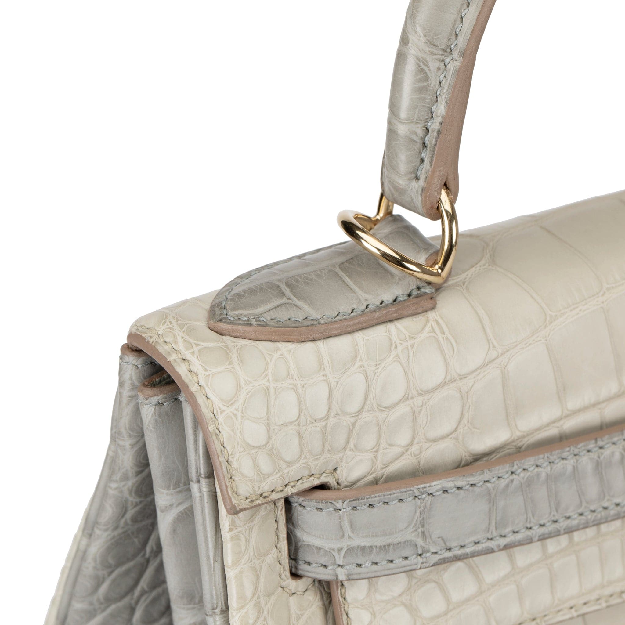 HERMES KELLY 28CM SPECIAL ORDER BETON & GRIS PERLE MATTE ALLIGATOR PERMABRASS HARDWARE - On Repeat
