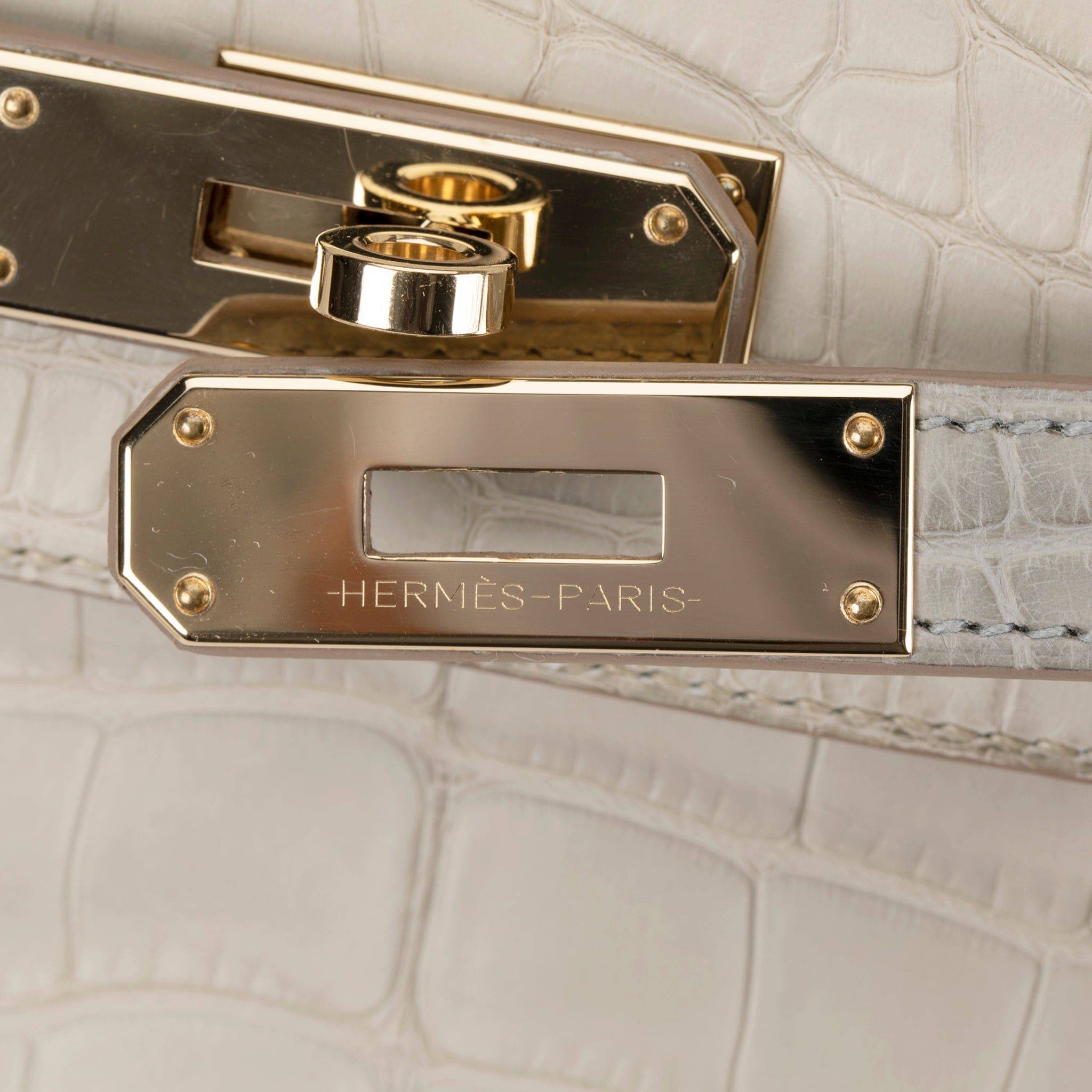HERMES KELLY 28CM SPECIAL ORDER BETON & GRIS PERLE MATTE ALLIGATOR PERMABRASS HARDWARE - On Repeat