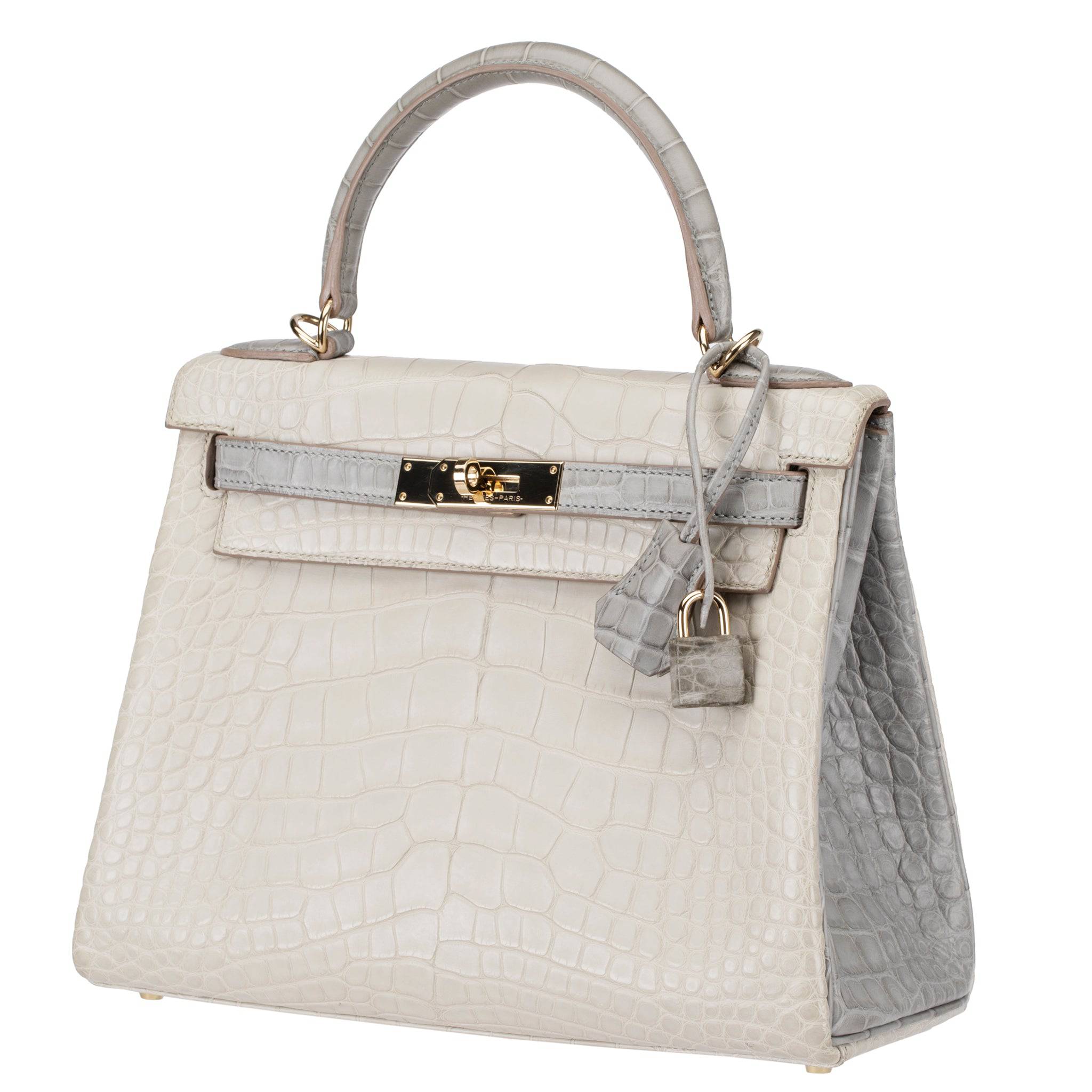 HERMES KELLY 28CM SPECIAL ORDER BETON & GRIS PERLE MATTE ALLIGATOR PERMABRASS HARDWARE - On Repeat