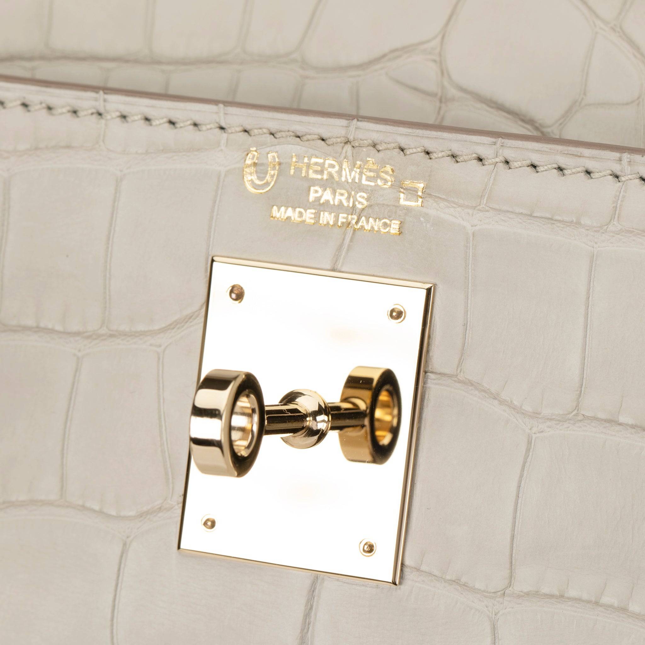 HERMES KELLY 28CM SPECIAL ORDER BETON & GRIS PERLE MATTE ALLIGATOR PERMABRASS HARDWARE - On Repeat