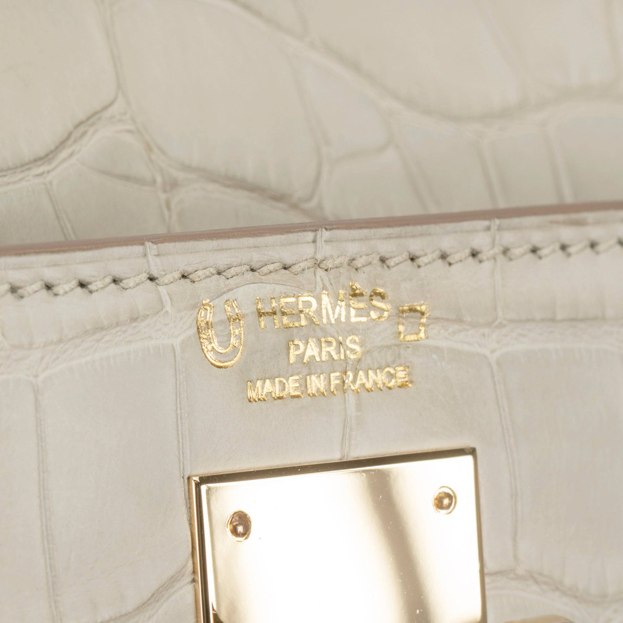 HERMES KELLY 28CM SPECIAL ORDER BETON & GRIS PERLE MATTE ALLIGATOR PERMABRASS HARDWARE - On Repeat