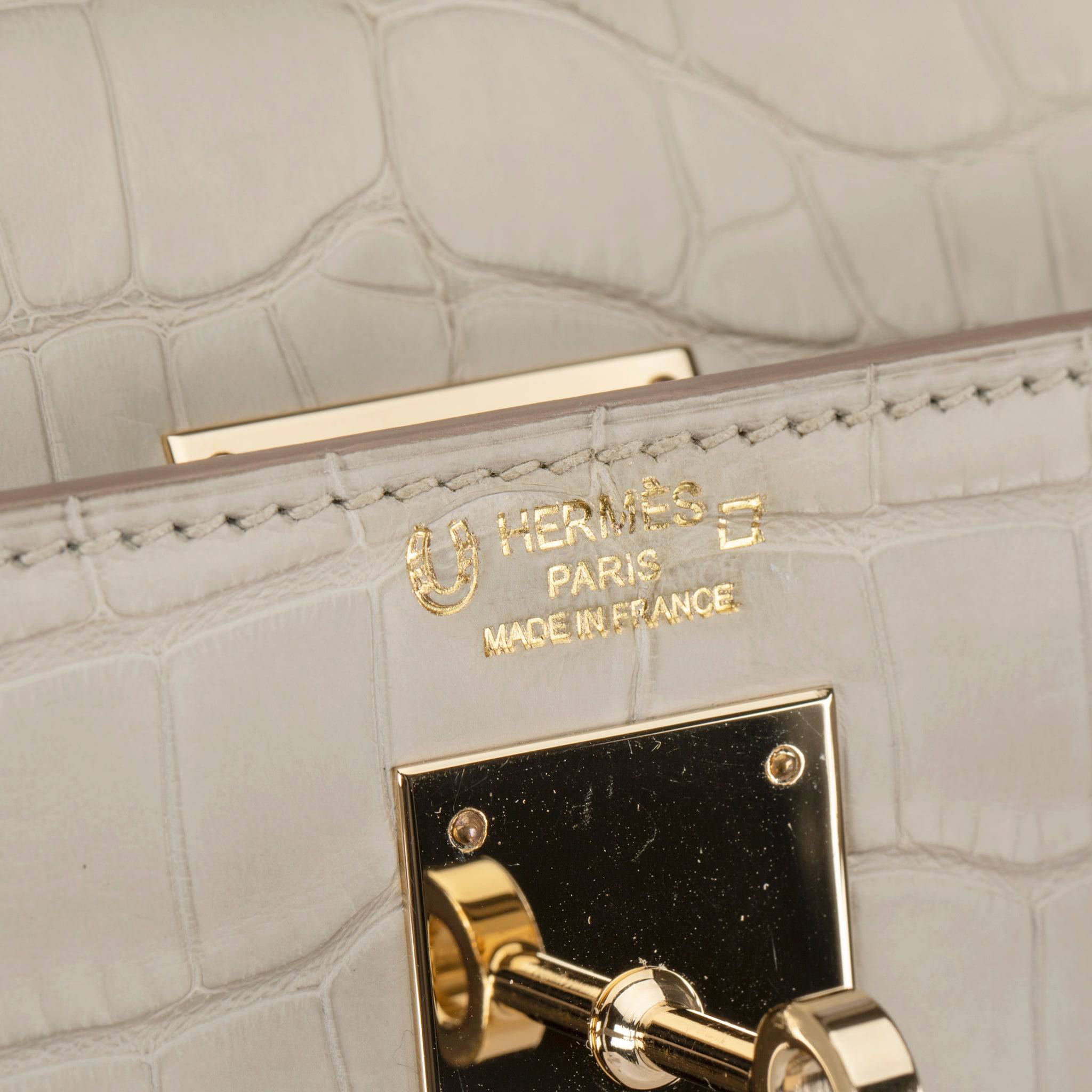 HERMES KELLY 28CM SPECIAL ORDER BETON & GRIS PERLE MATTE ALLIGATOR PERMABRASS HARDWARE - On Repeat