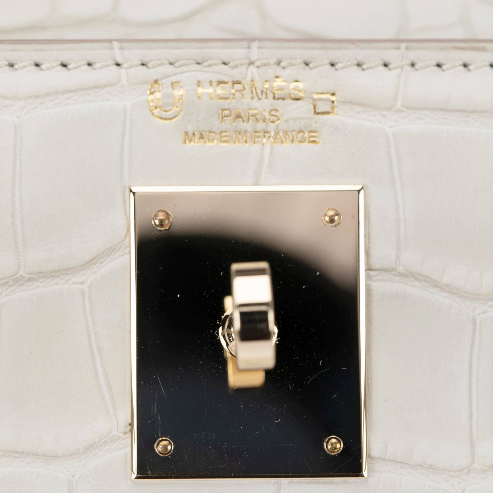 HERMES KELLY 28CM SPECIAL ORDER BETON & GRIS PERLE MATTE ALLIGATOR PERMABRASS HARDWARE - On Repeat