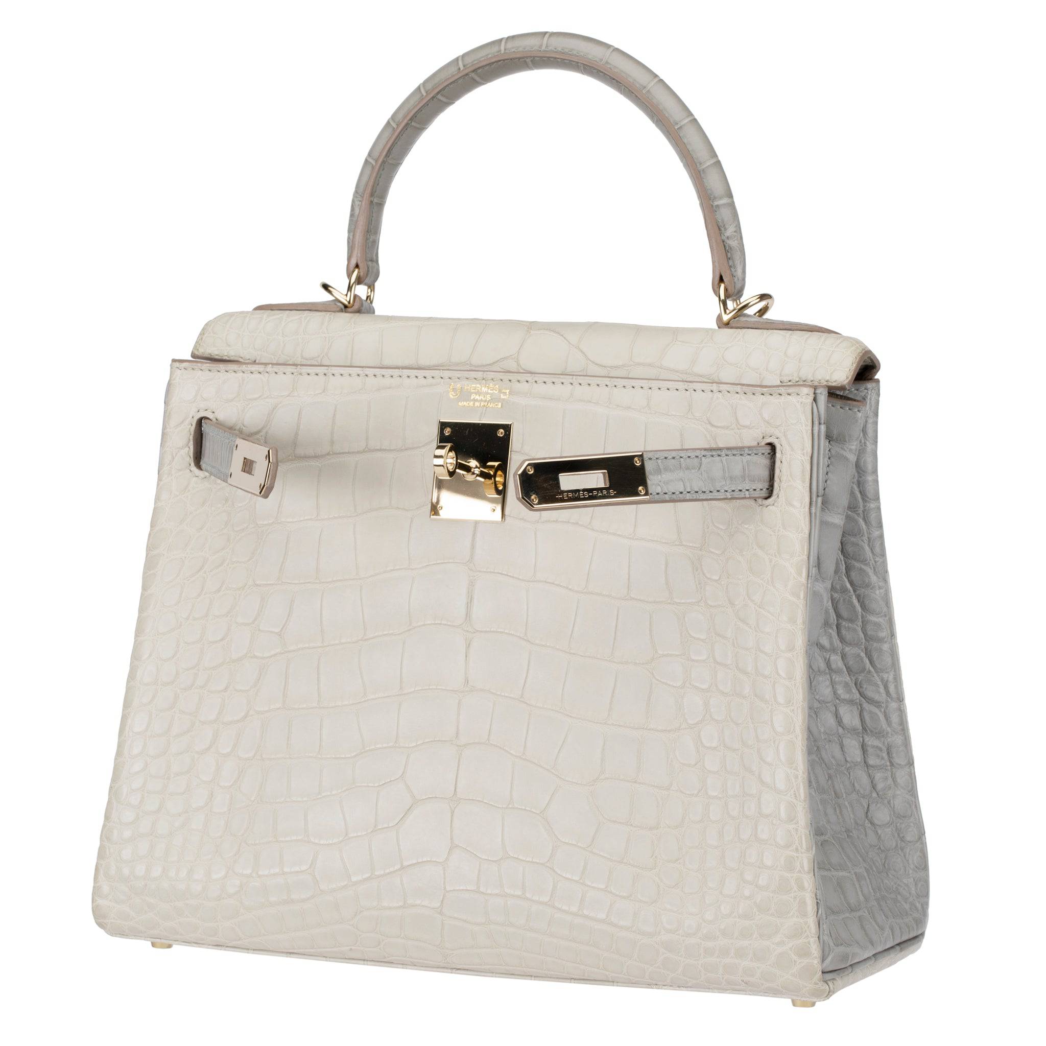 HERMES KELLY 28CM SPECIAL ORDER BETON & GRIS PERLE MATTE ALLIGATOR PERMABRASS HARDWARE - On Repeat