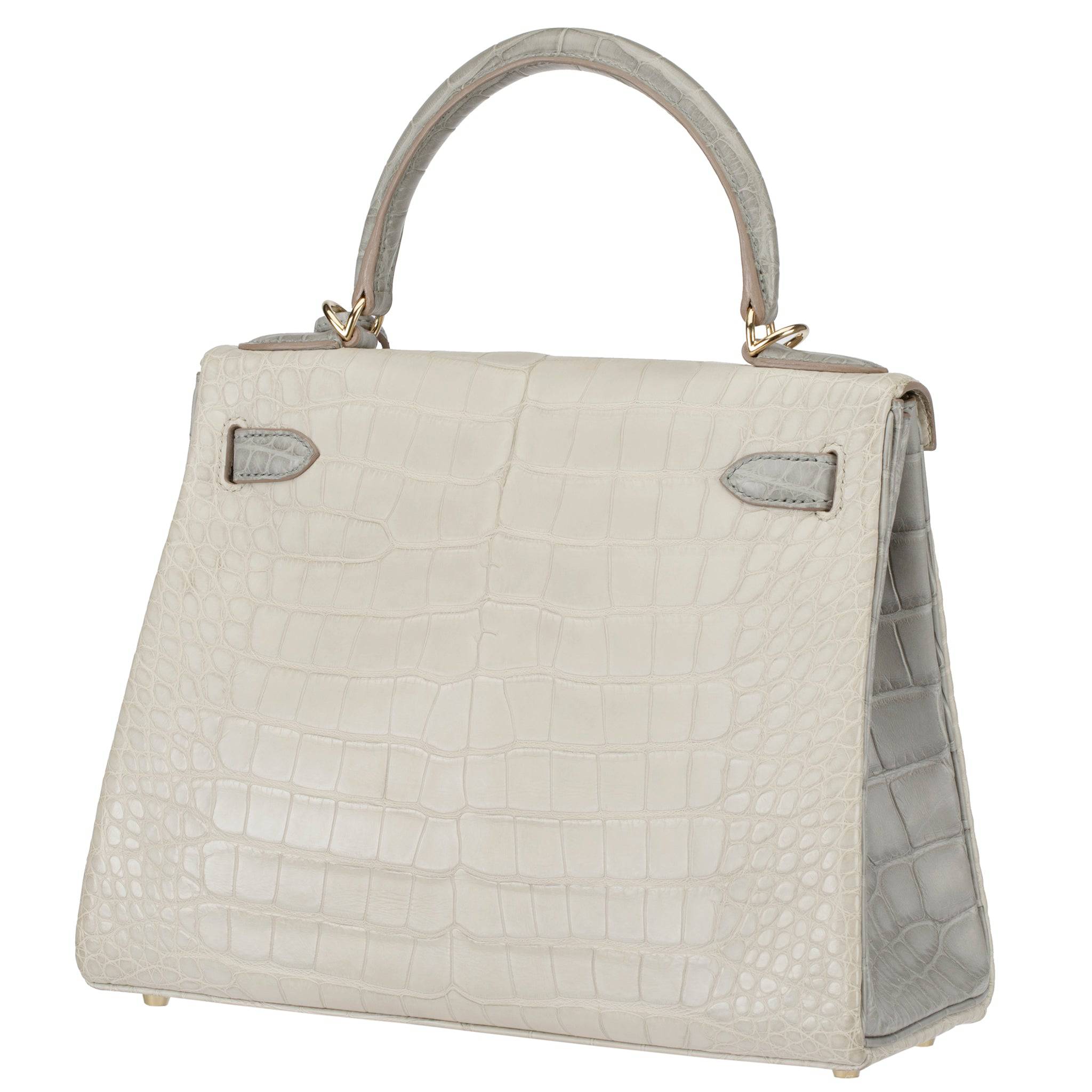 HERMES KELLY 28CM SPECIAL ORDER BETON & GRIS PERLE MATTE ALLIGATOR PERMABRASS HARDWARE - On Repeat
