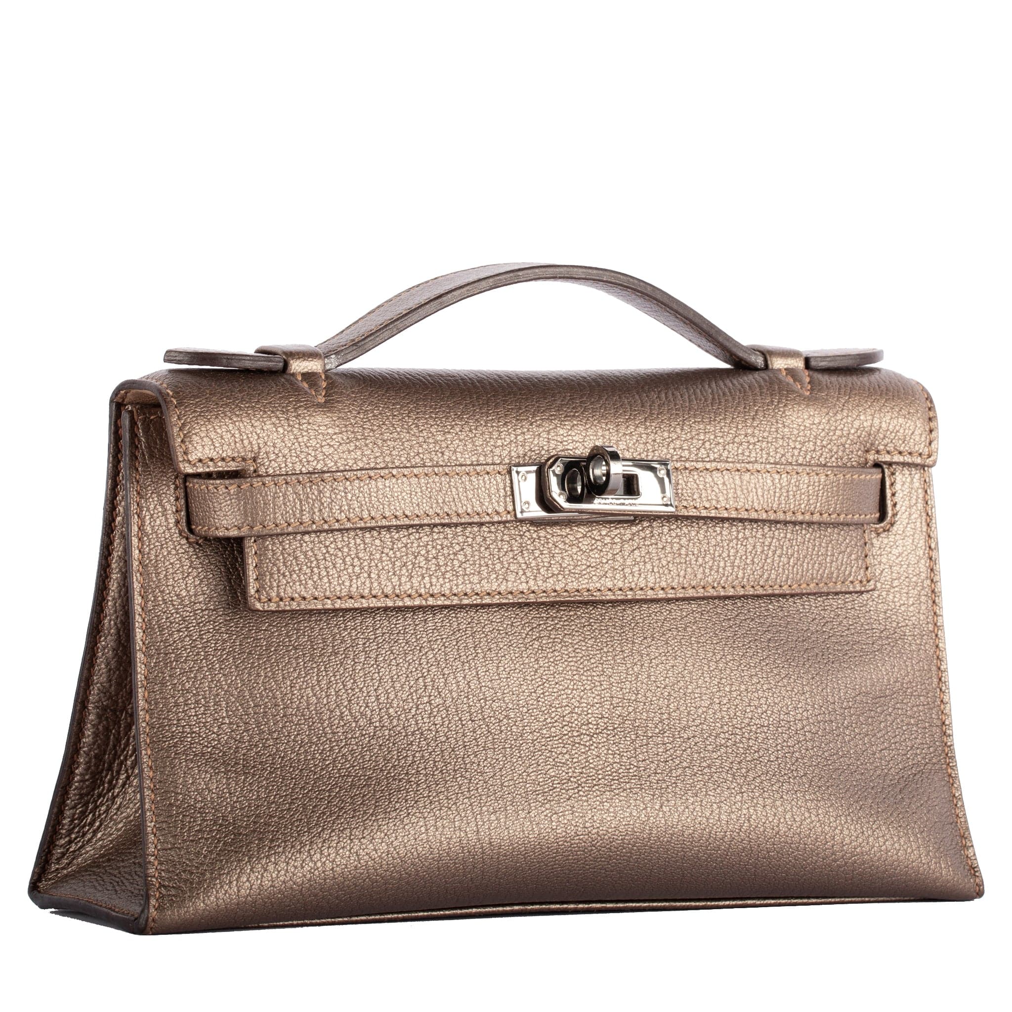 HERMES VINTAGE KELLY POCHETTE METALLIC BRONZE LEATHER PALLADIUM HARDWARE - On Repeat