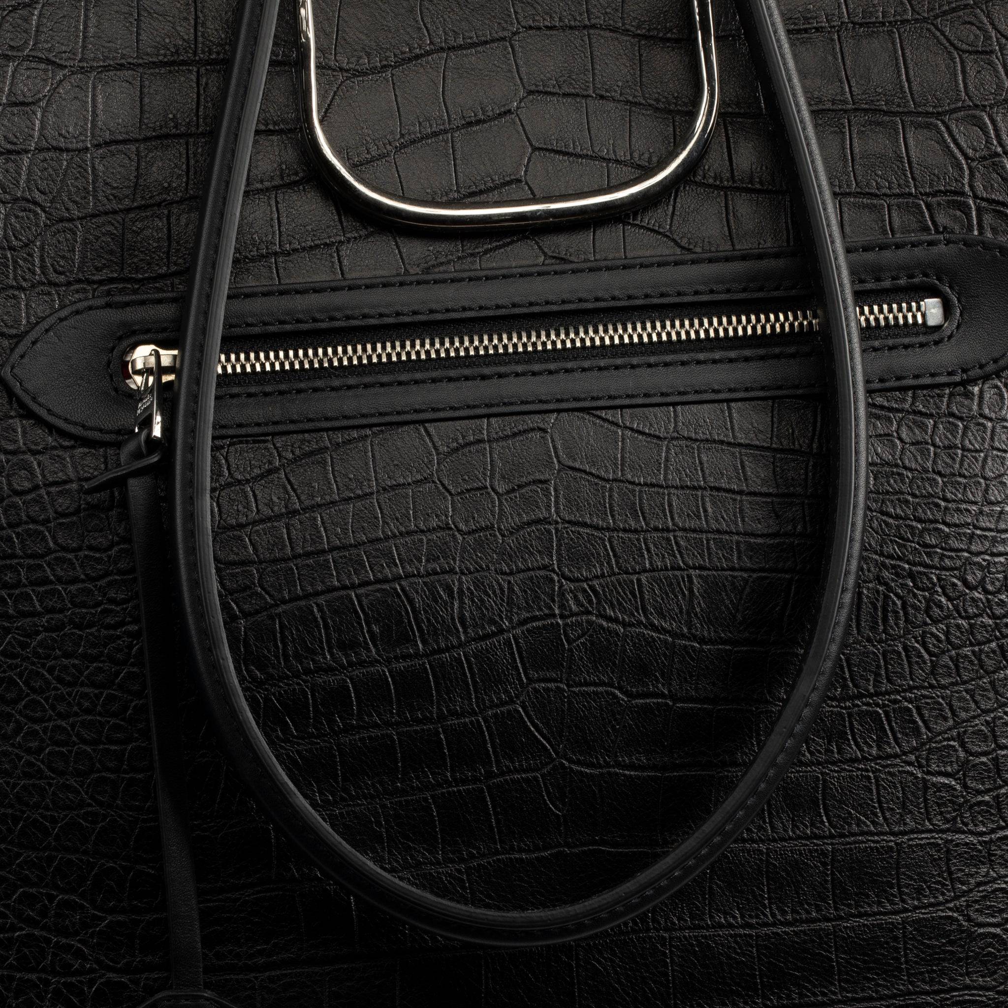 ALEXANDER MCQUEEN THE STORY BLACK EMBOSSED CROCODILE TOTE SILVER TONE HARDWARE - On Repeat