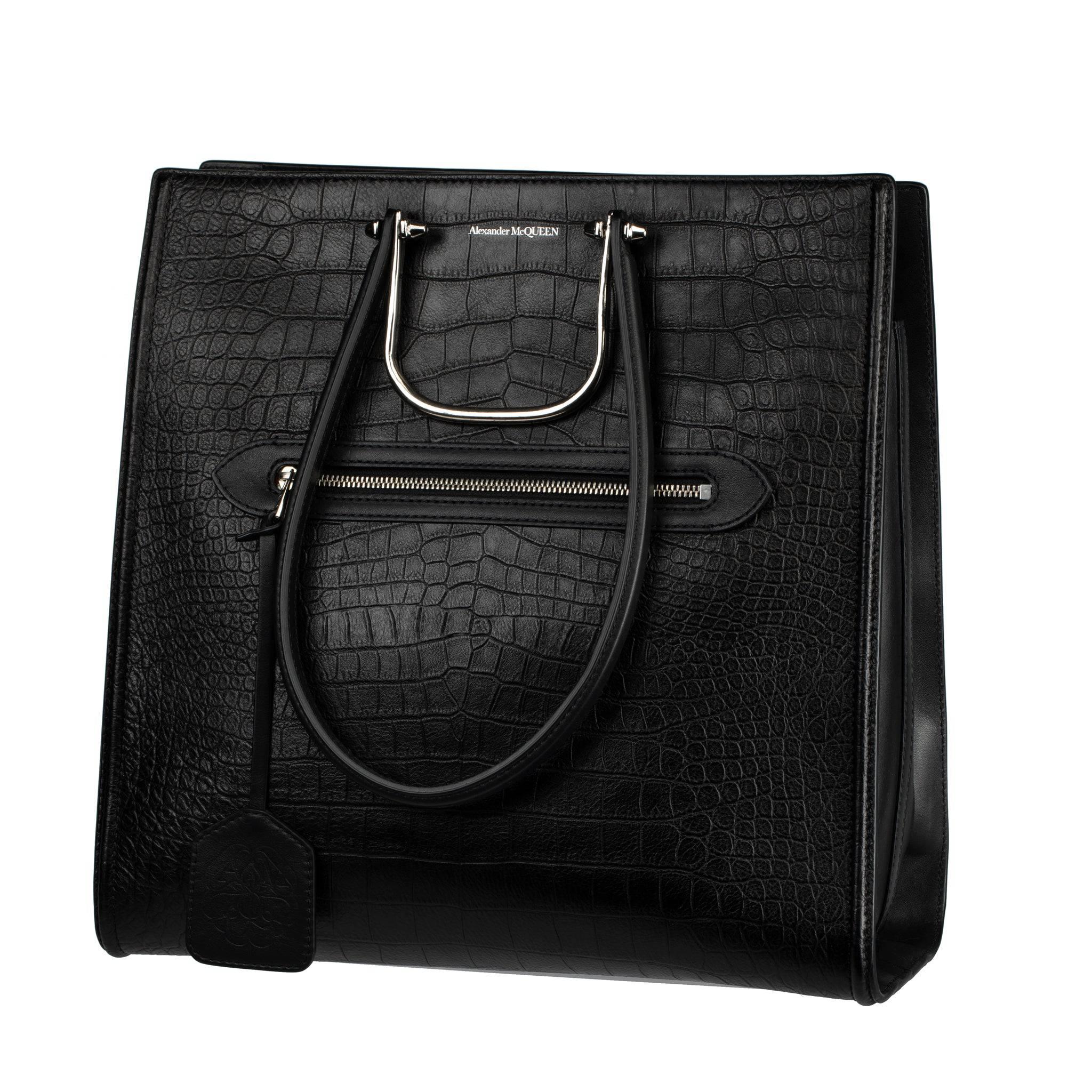 ALEXANDER MCQUEEN THE STORY BLACK EMBOSSED CROCODILE TOTE SILVER TONE HARDWARE - On Repeat