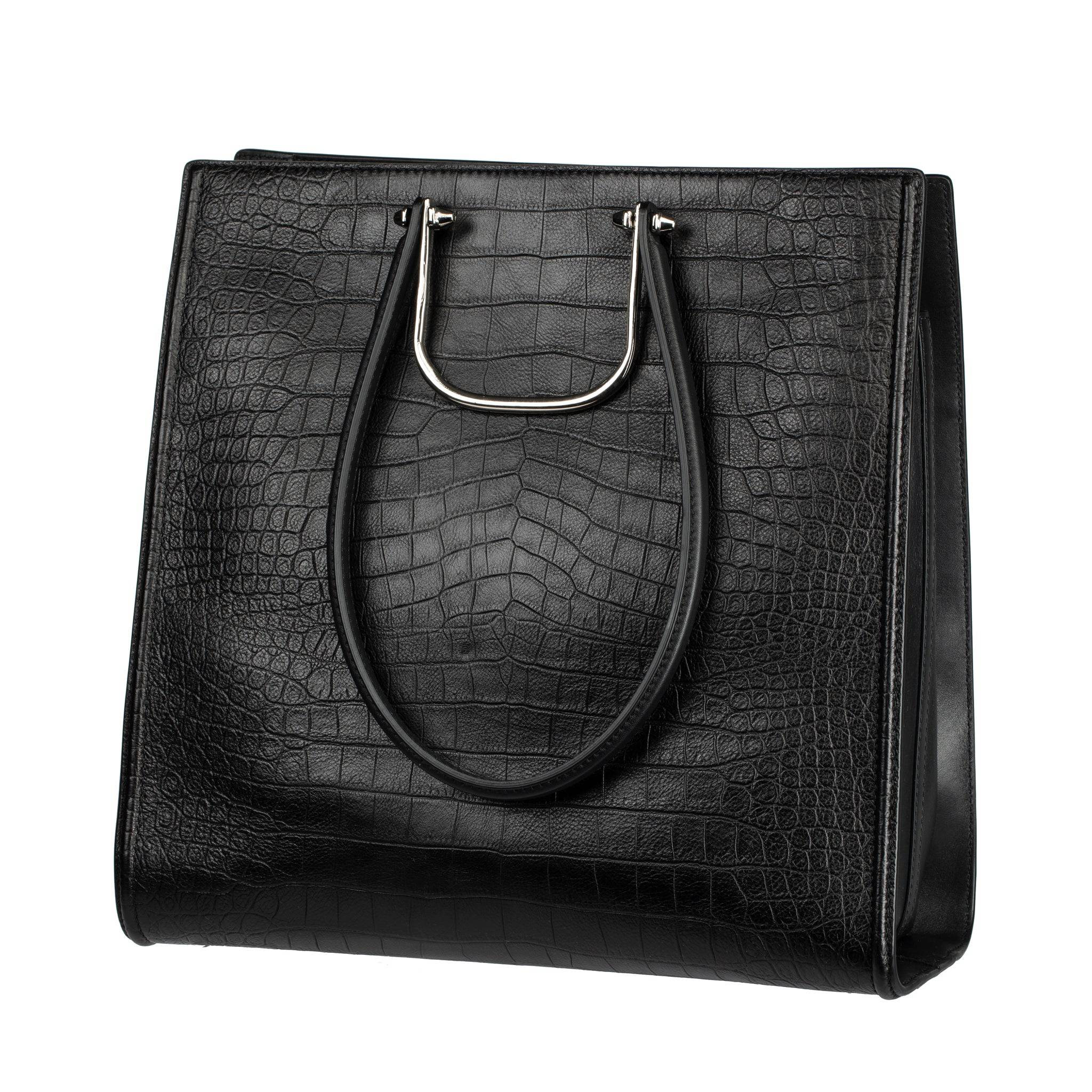 ALEXANDER MCQUEEN THE STORY BLACK EMBOSSED CROCODILE TOTE SILVER TONE HARDWARE - On Repeat
