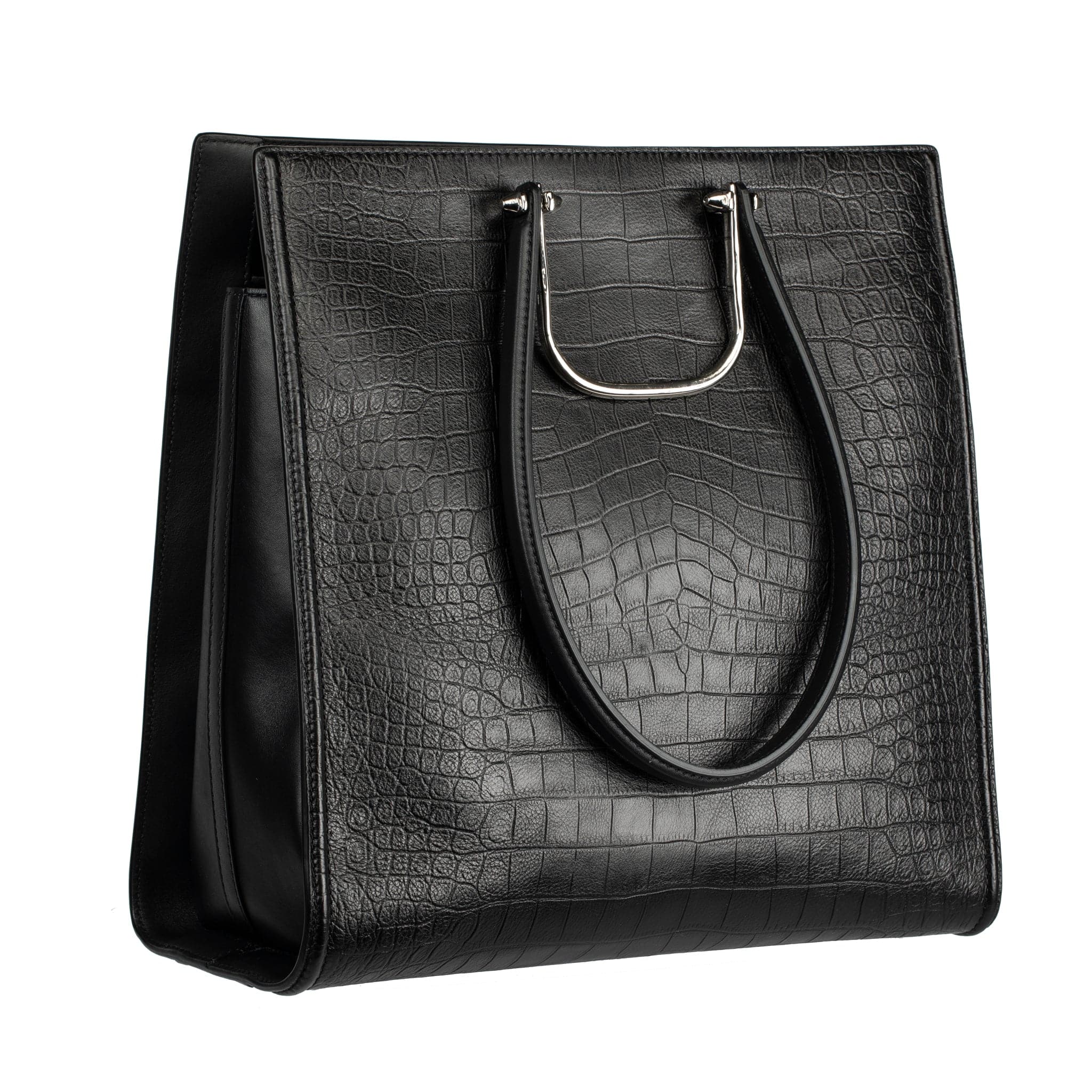 ALEXANDER MCQUEEN THE STORY BLACK EMBOSSED CROCODILE TOTE SILVER TONE HARDWARE - On Repeat