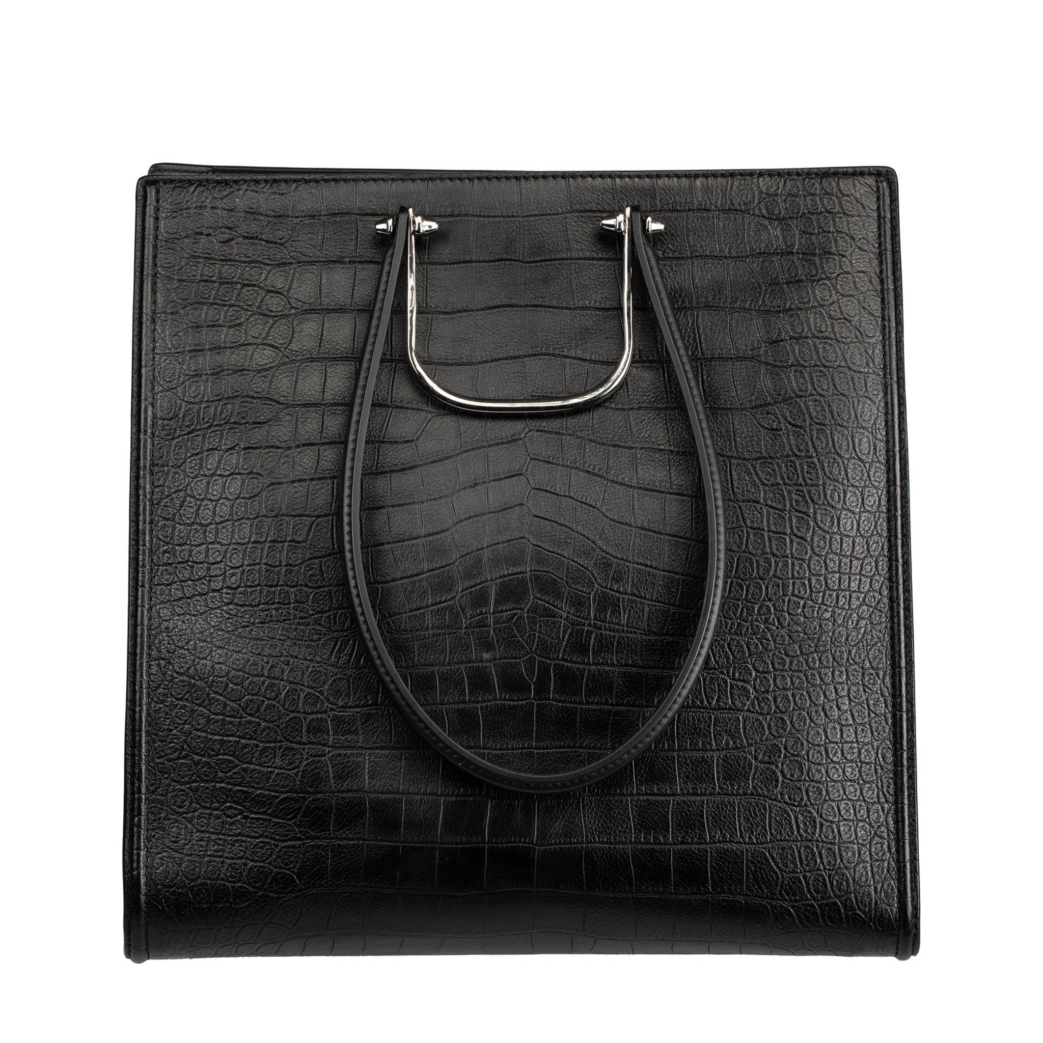 ALEXANDER MCQUEEN THE STORY BLACK EMBOSSED CROCODILE TOTE SILVER TONE HARDWARE - On Repeat