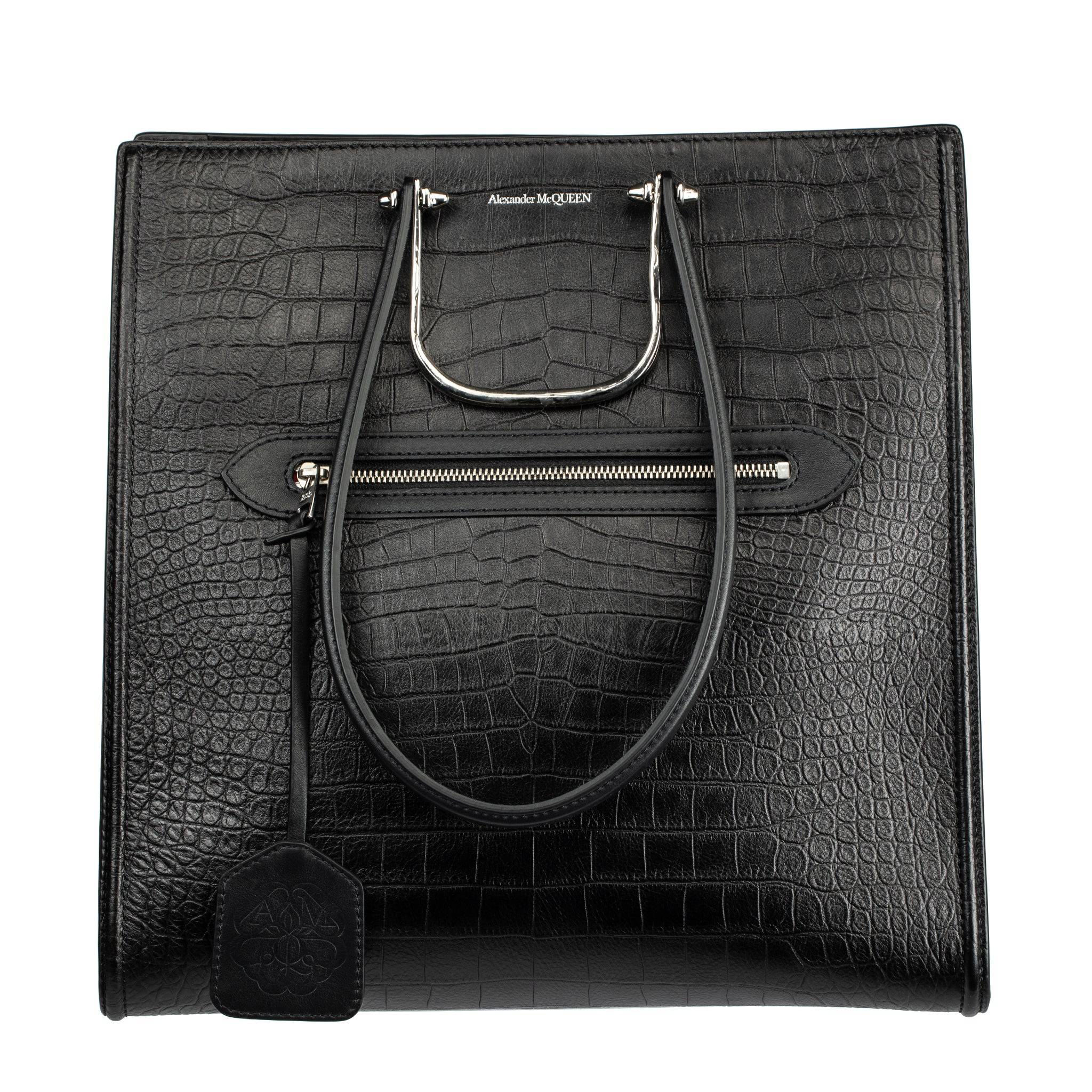 ALEXANDER MCQUEEN THE STORY BLACK EMBOSSED CROCODILE TOTE SILVER TONE HARDWARE - On Repeat