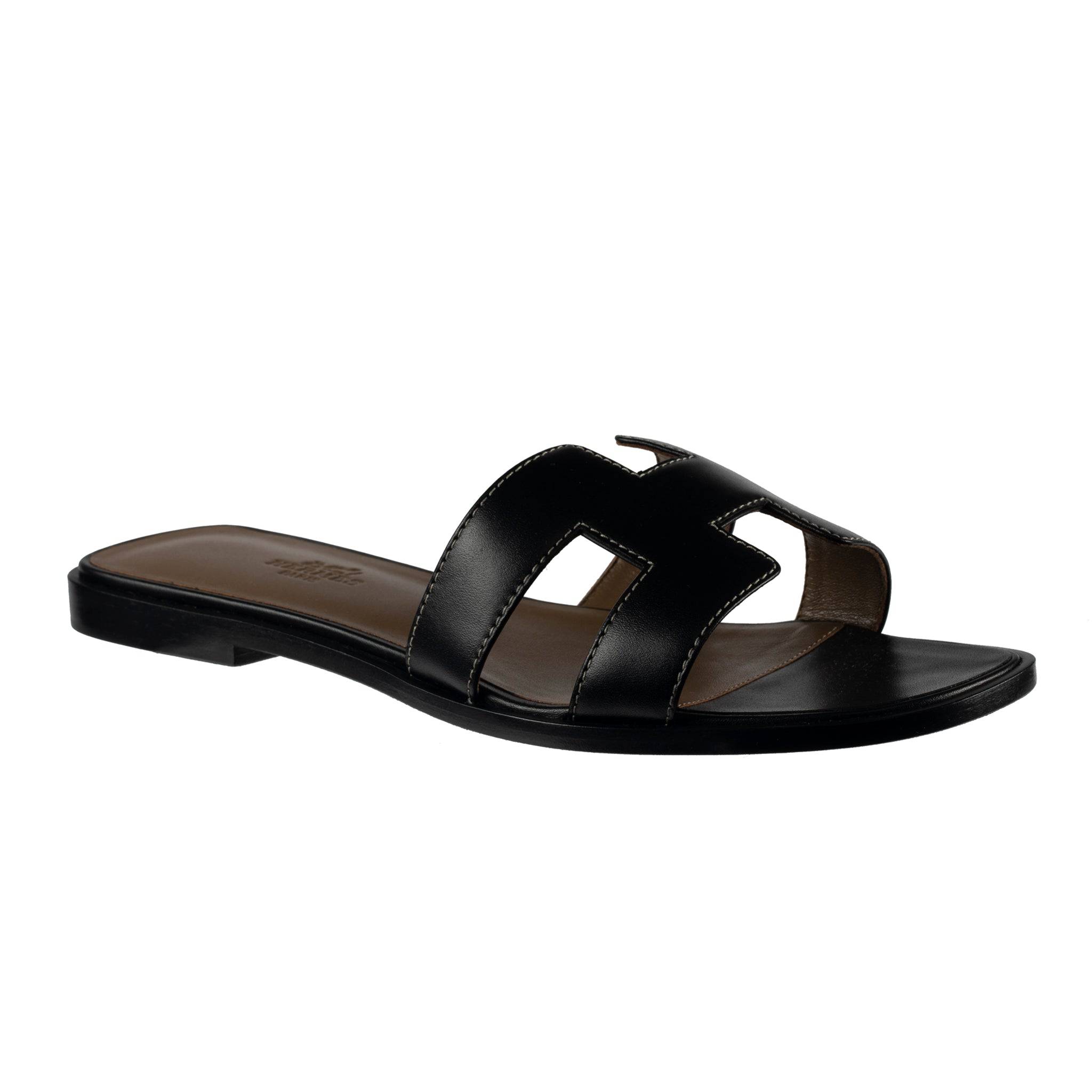 HERMES ORAN SANDAL BLACK SMOOTH LEATHER 38 FR - On Repeat