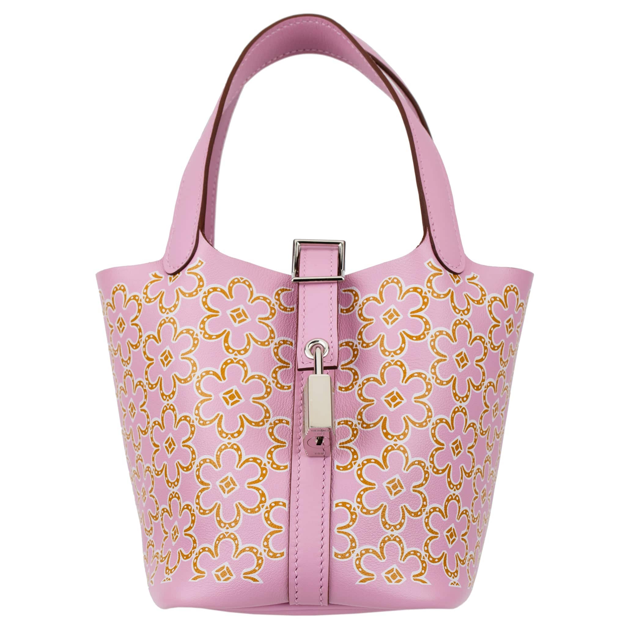 HERMES PICOTIN 14CM LUCKY DAISY MAUVE SYLVESTRE, CUIVRE & BLANC SWIFT LEATHER PALLADIUM HARDWARE - On Repeat