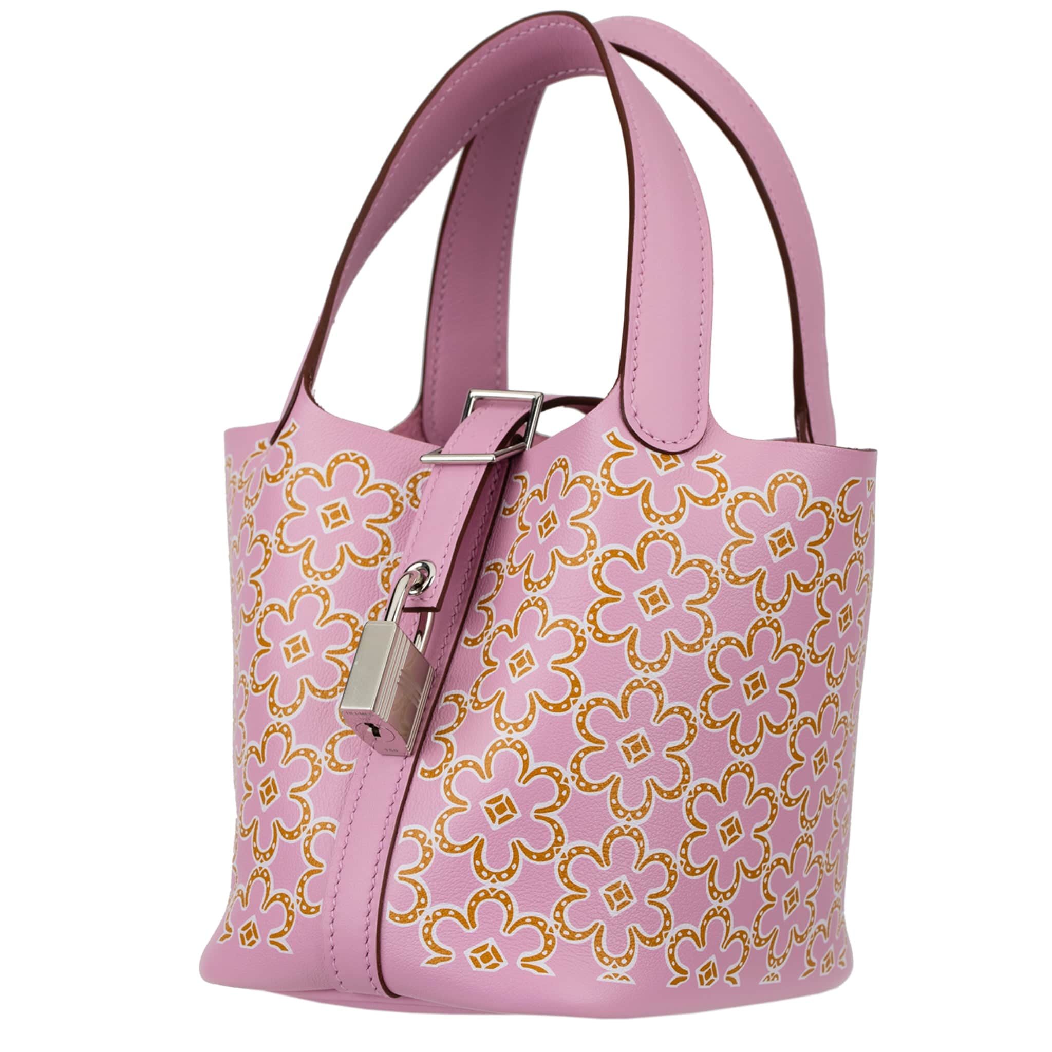 HERMES PICOTIN 14CM LUCKY DAISY MAUVE SYLVESTRE, CUIVRE & BLANC SWIFT LEATHER PALLADIUM HARDWARE - On Repeat