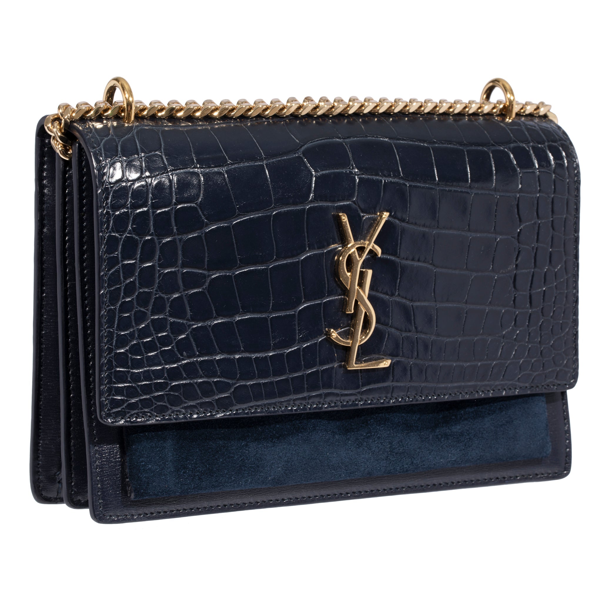 Saint Laurent Sunset Medium Bag Navy Suede Leather & Crocodile Gold Tone Hardware - On Repeat