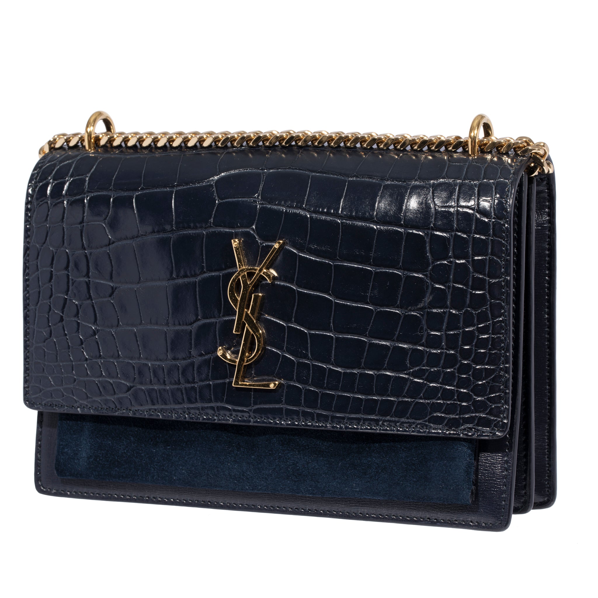 Saint Laurent Sunset Medium Bag Navy Suede Leather & Crocodile Gold Tone Hardware - On Repeat