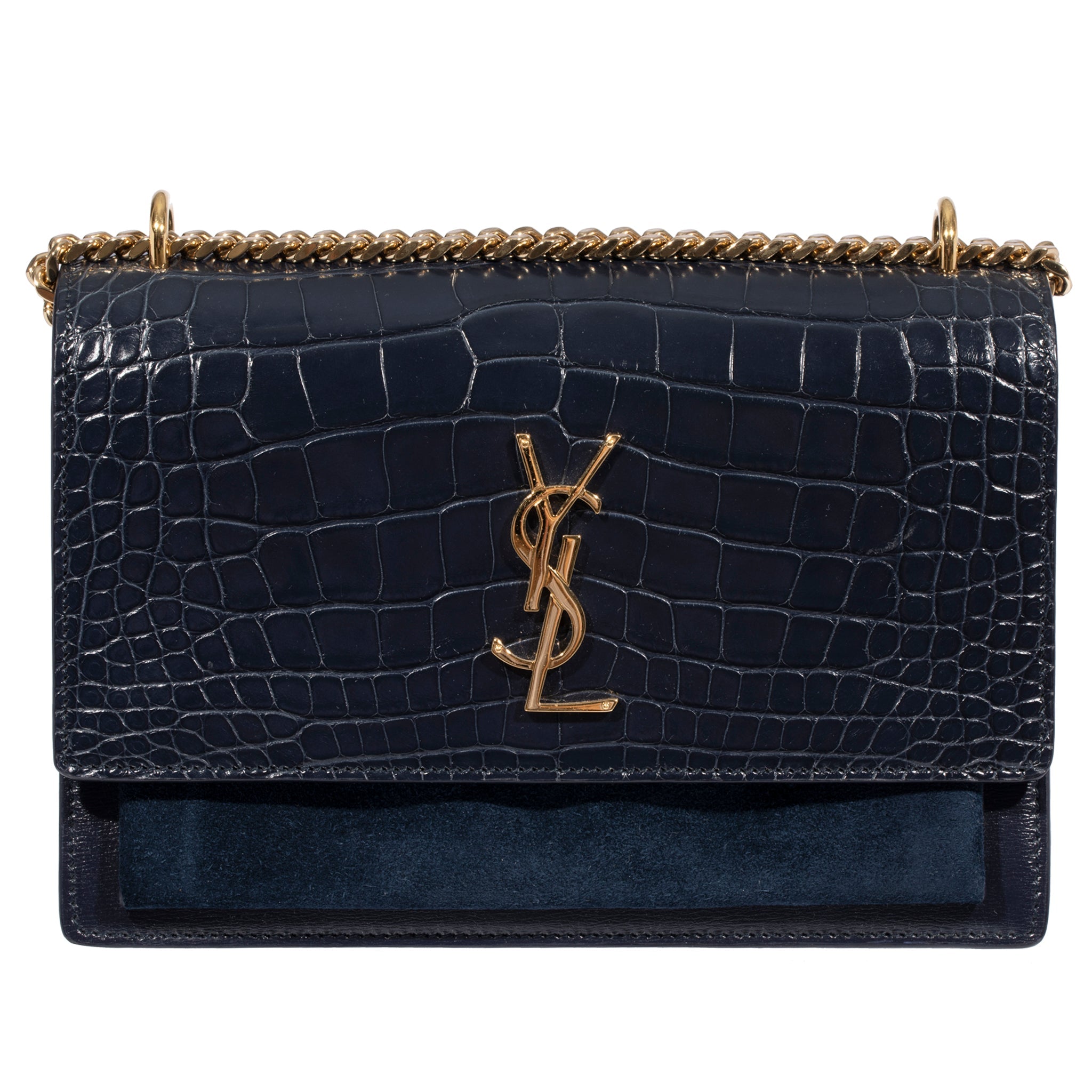 Saint Laurent Sunset Medium Bag Navy Suede Leather & Crocodile Gold Tone Hardware - On Repeat