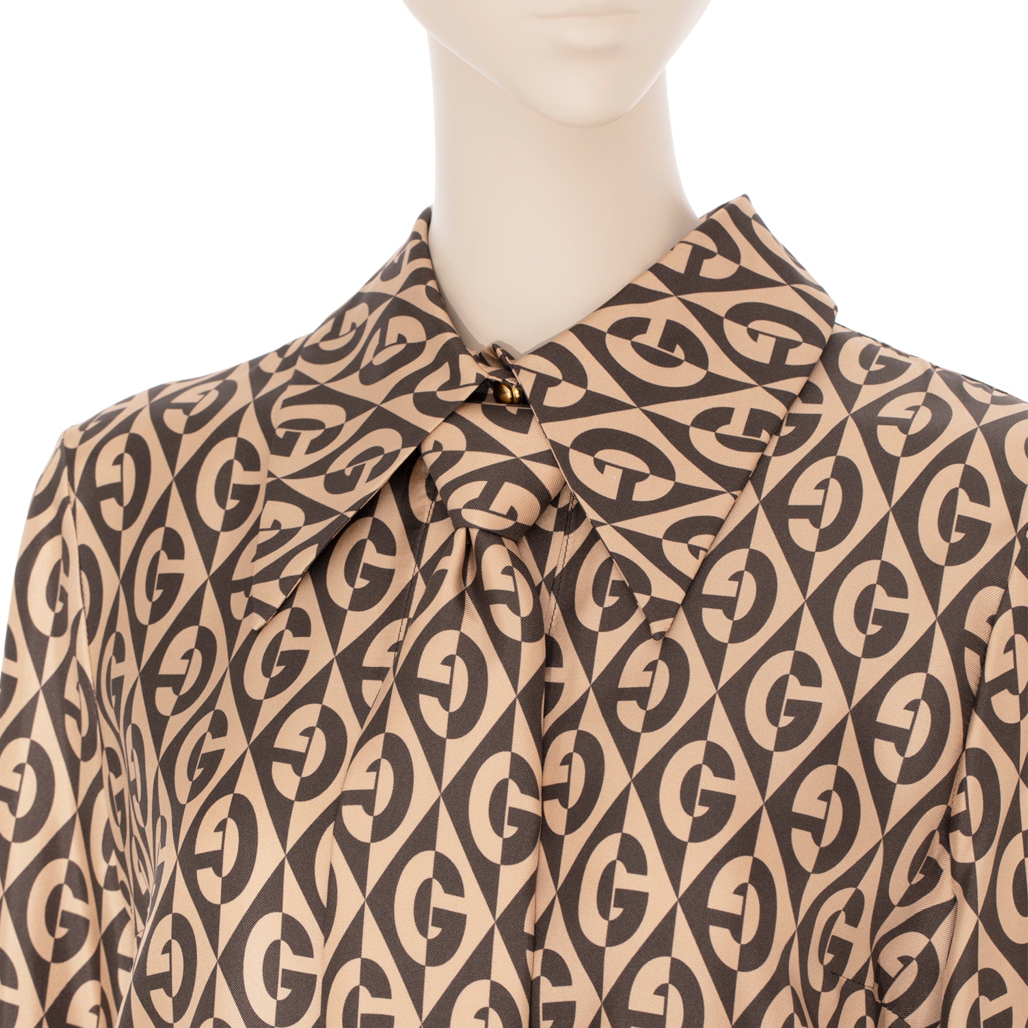 Gucci G Rhombus Brown & Ivory Print Dress Silk 40 IT