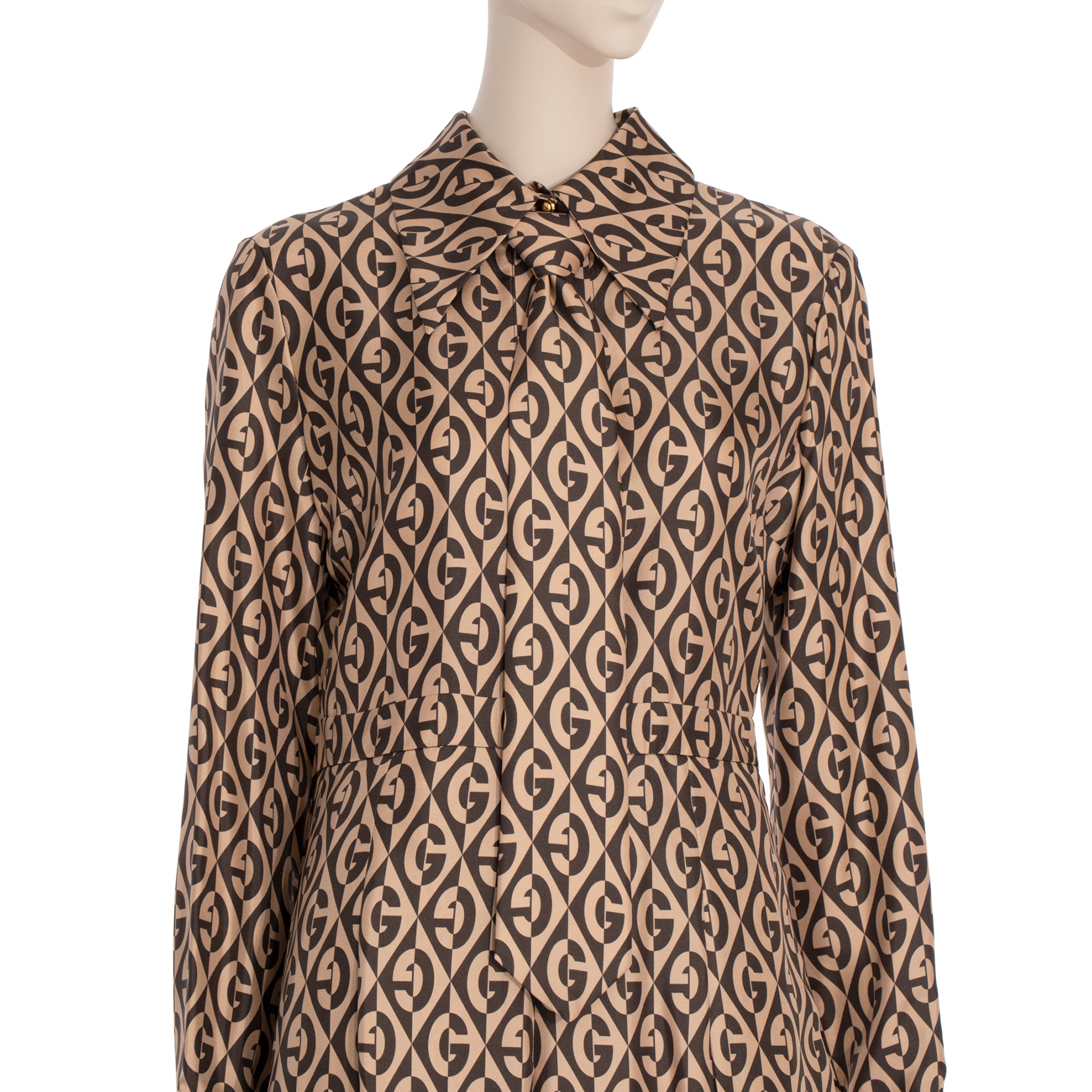 Gucci G Rhombus Brown & Ivory Print Dress Silk 40 IT