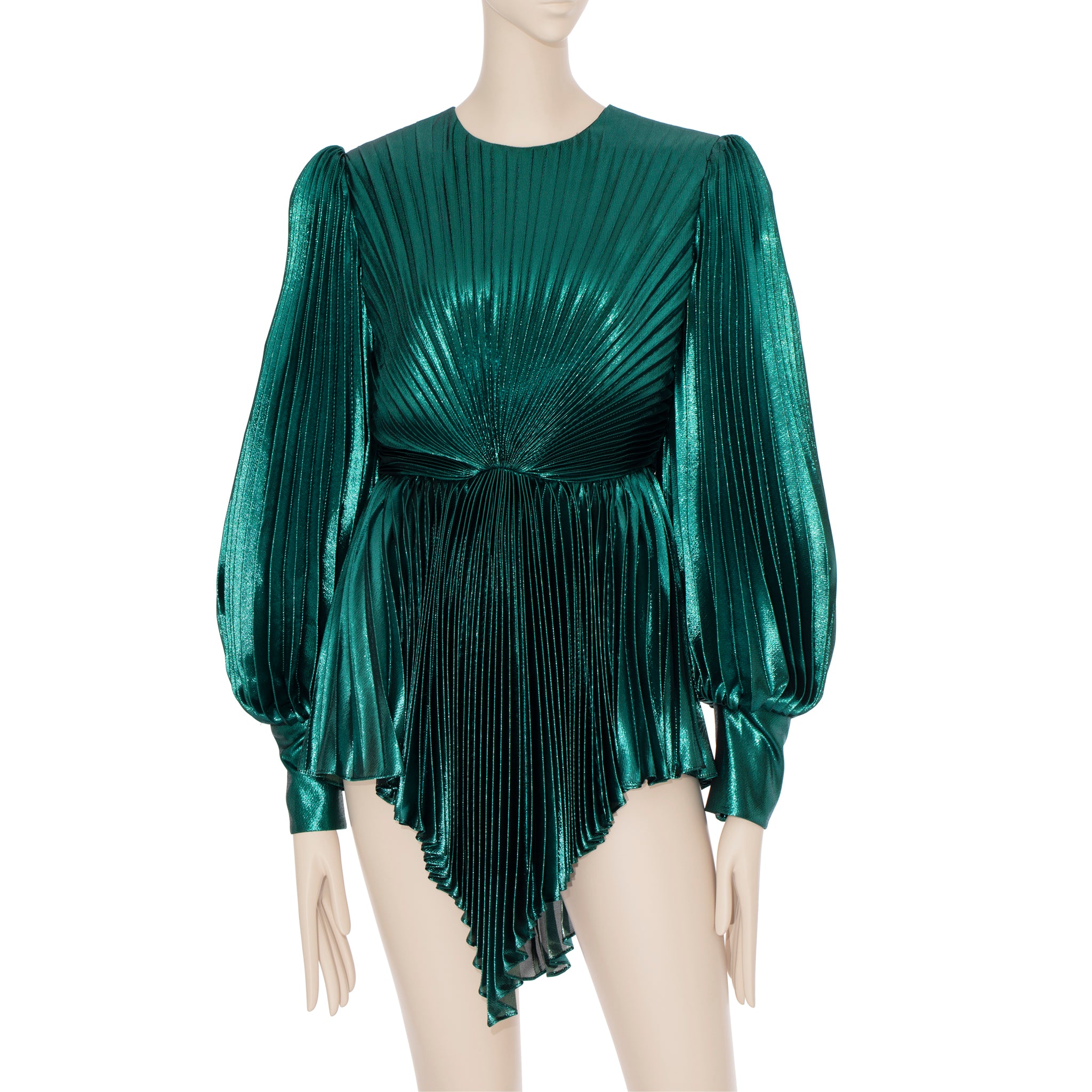 Gucci Iridescent Emerald Green Pleated Silk Blend Mini Dress 38 IT