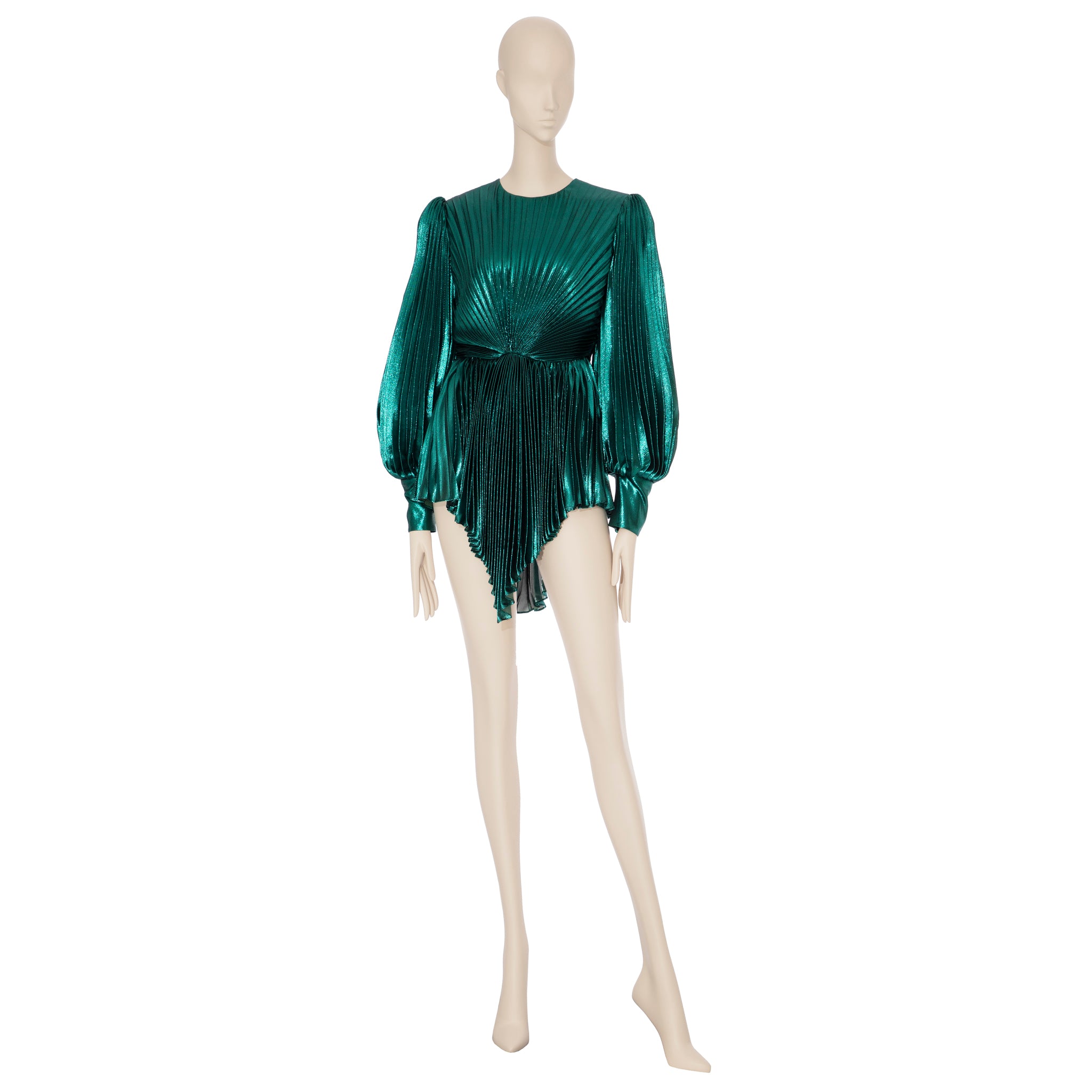 Gucci Iridescent Emerald Green Pleated Silk Blend Mini Dress 38 IT