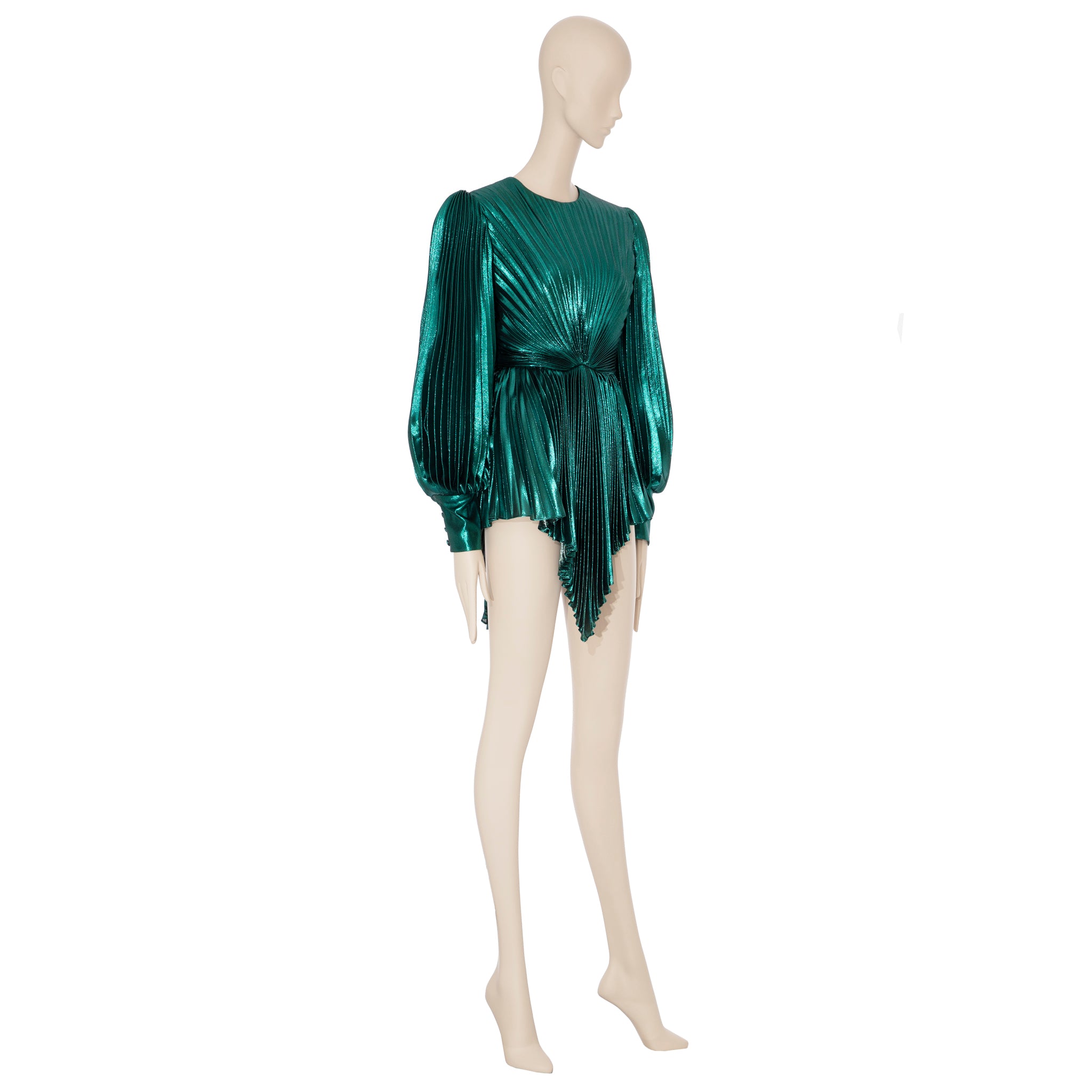 Gucci Iridescent Emerald Green Pleated Silk Blend Mini Dress 38 IT