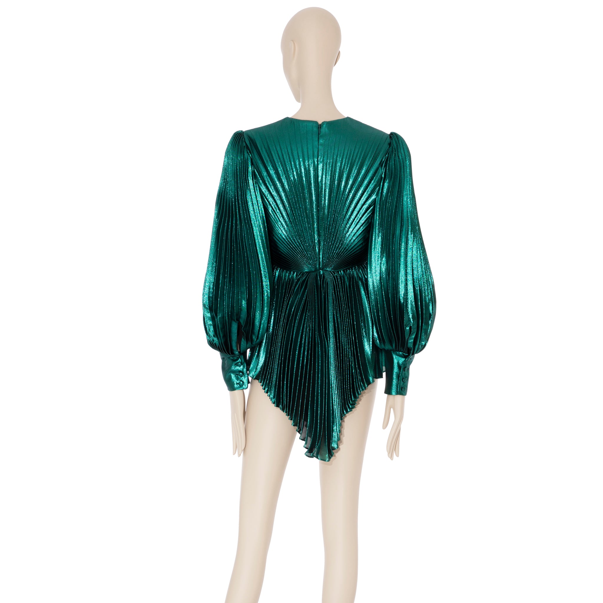 Gucci Iridescent Emerald Green Pleated Silk Blend Mini Dress 38 IT